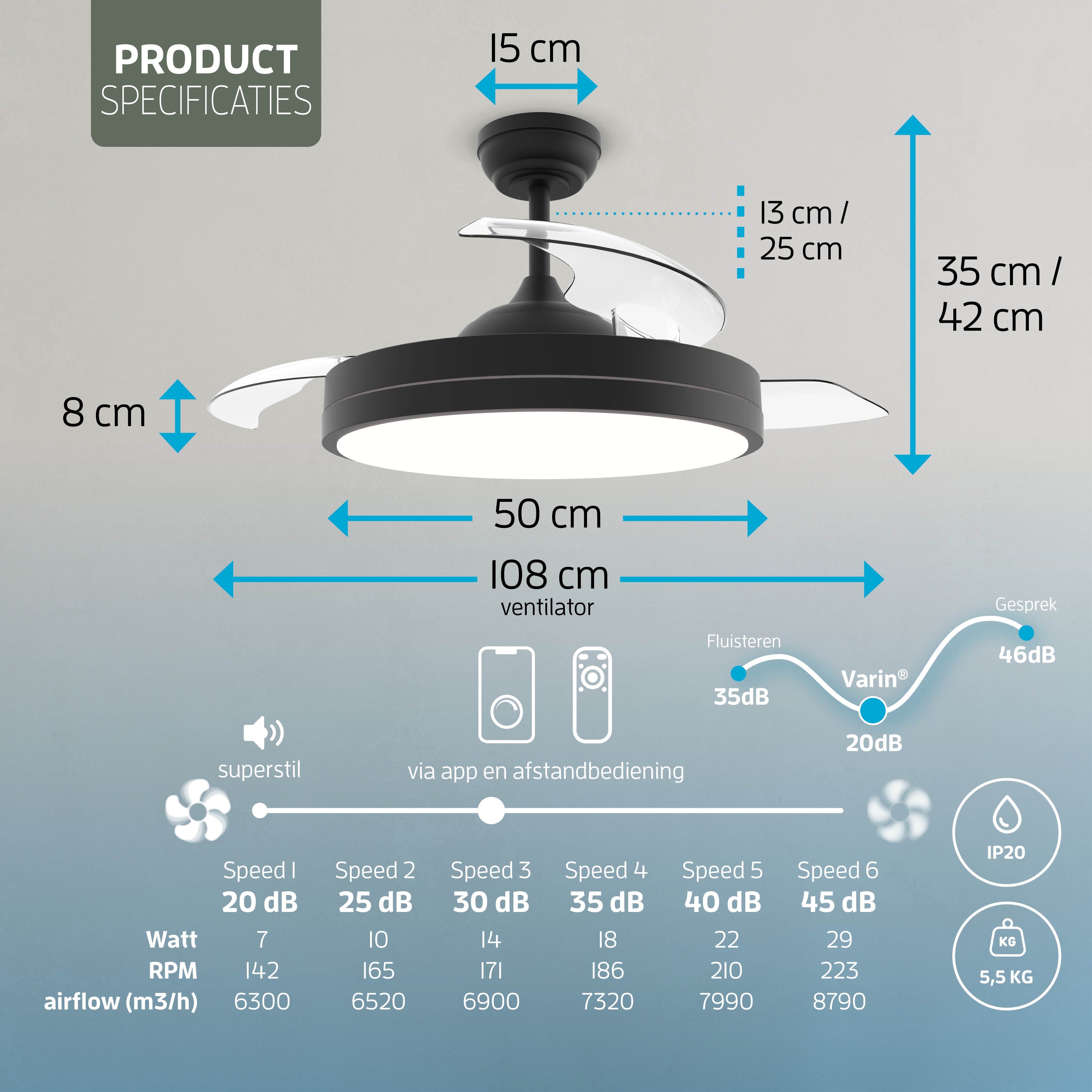 Plafondlamp met uitklapbare ventilator - Zwart - 108cm - WiFi