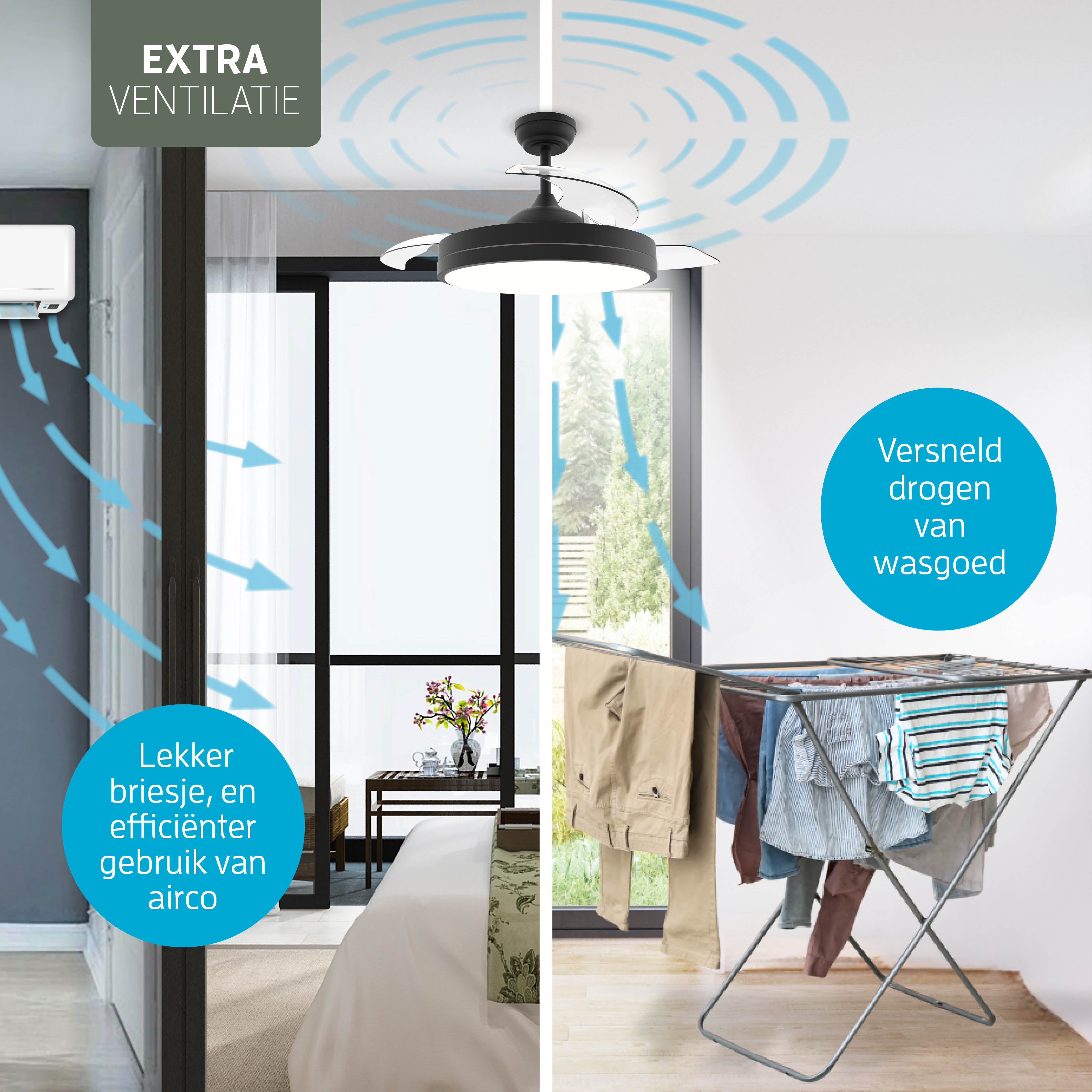 Plafondlamp met uitklapbare ventilator - Zwart - 108cm - WiFi
