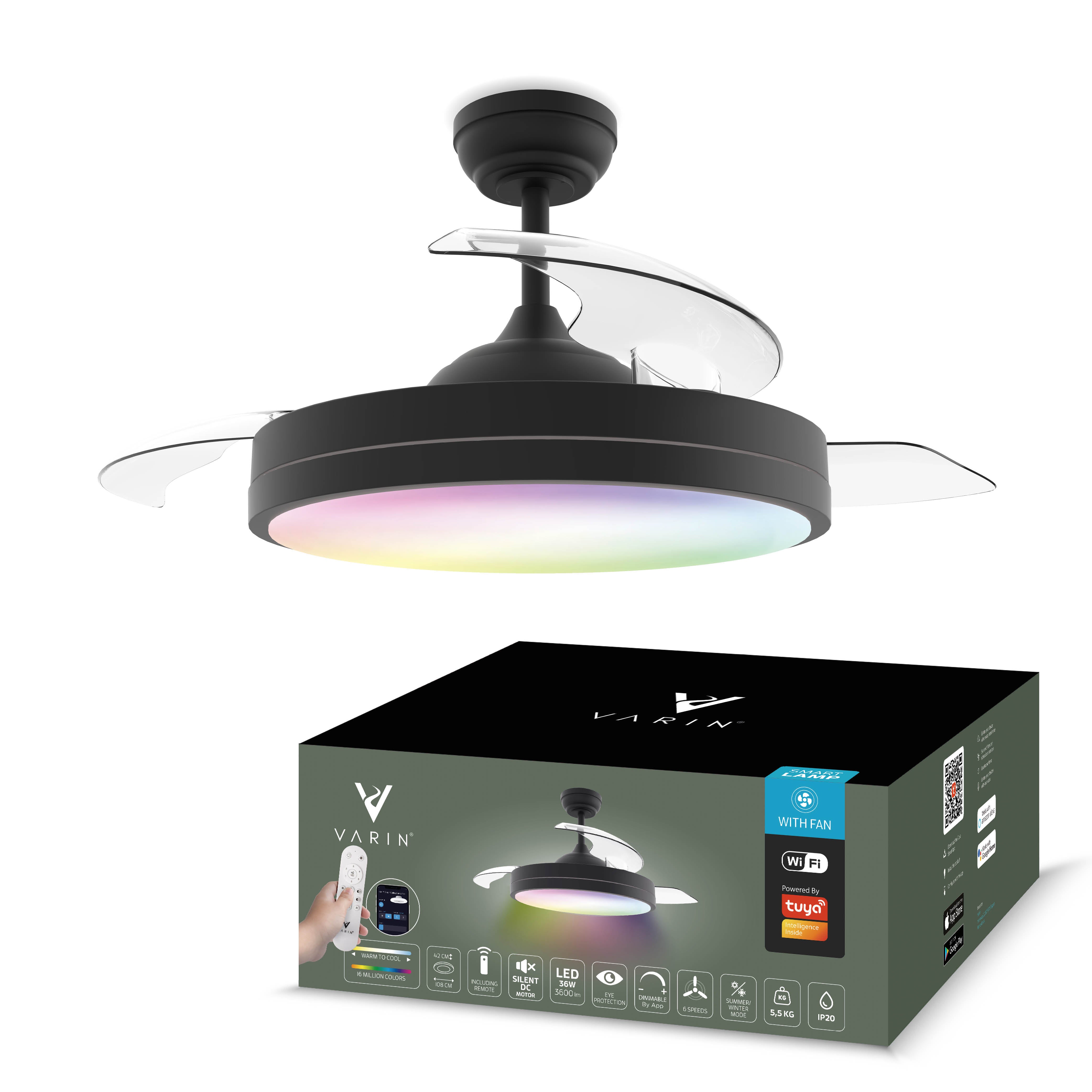 Plafondlamp met uitklapbare ventilator - Zwart - 108cm - WiFi