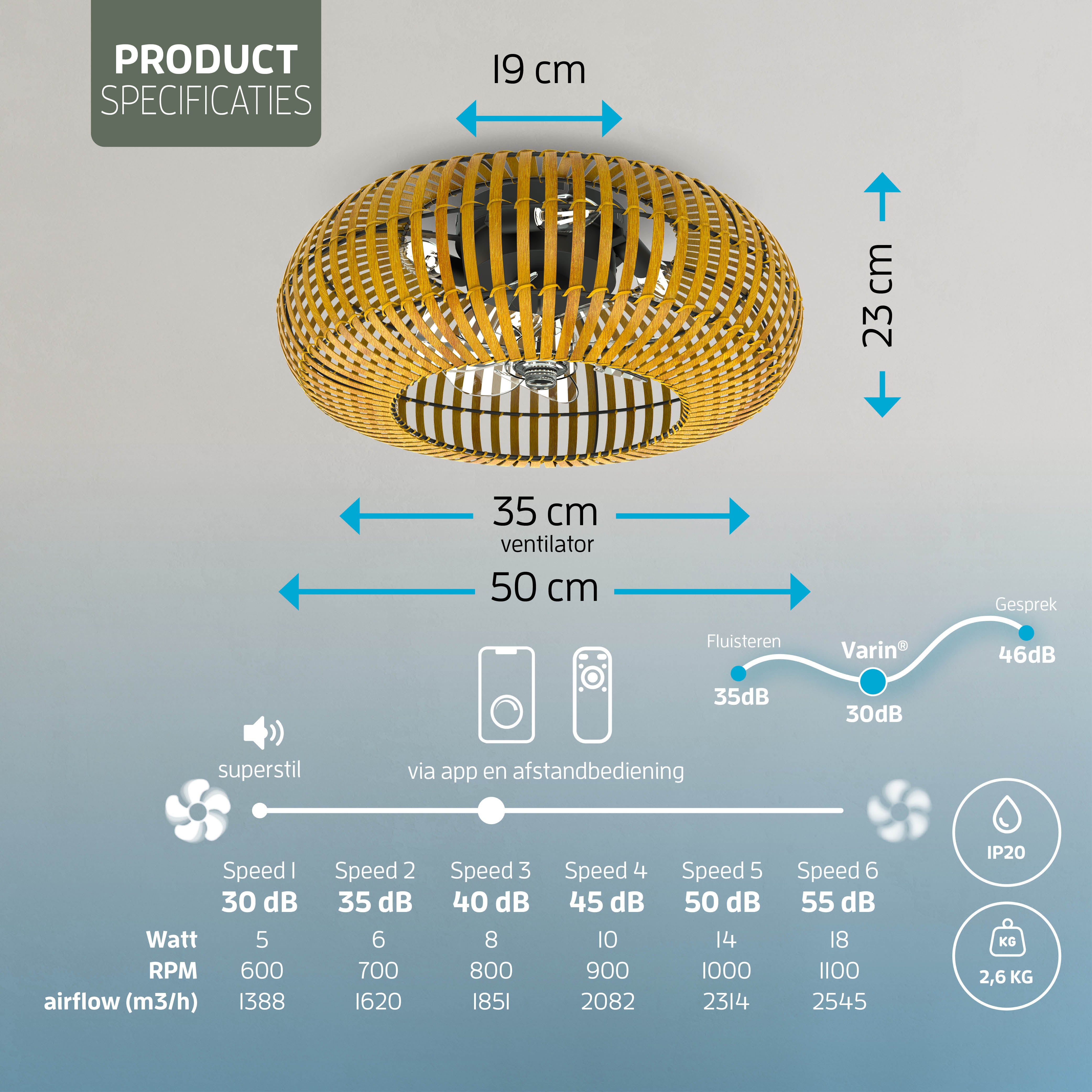Varin® Smart Plafondlamp met ventilator - Bamboe