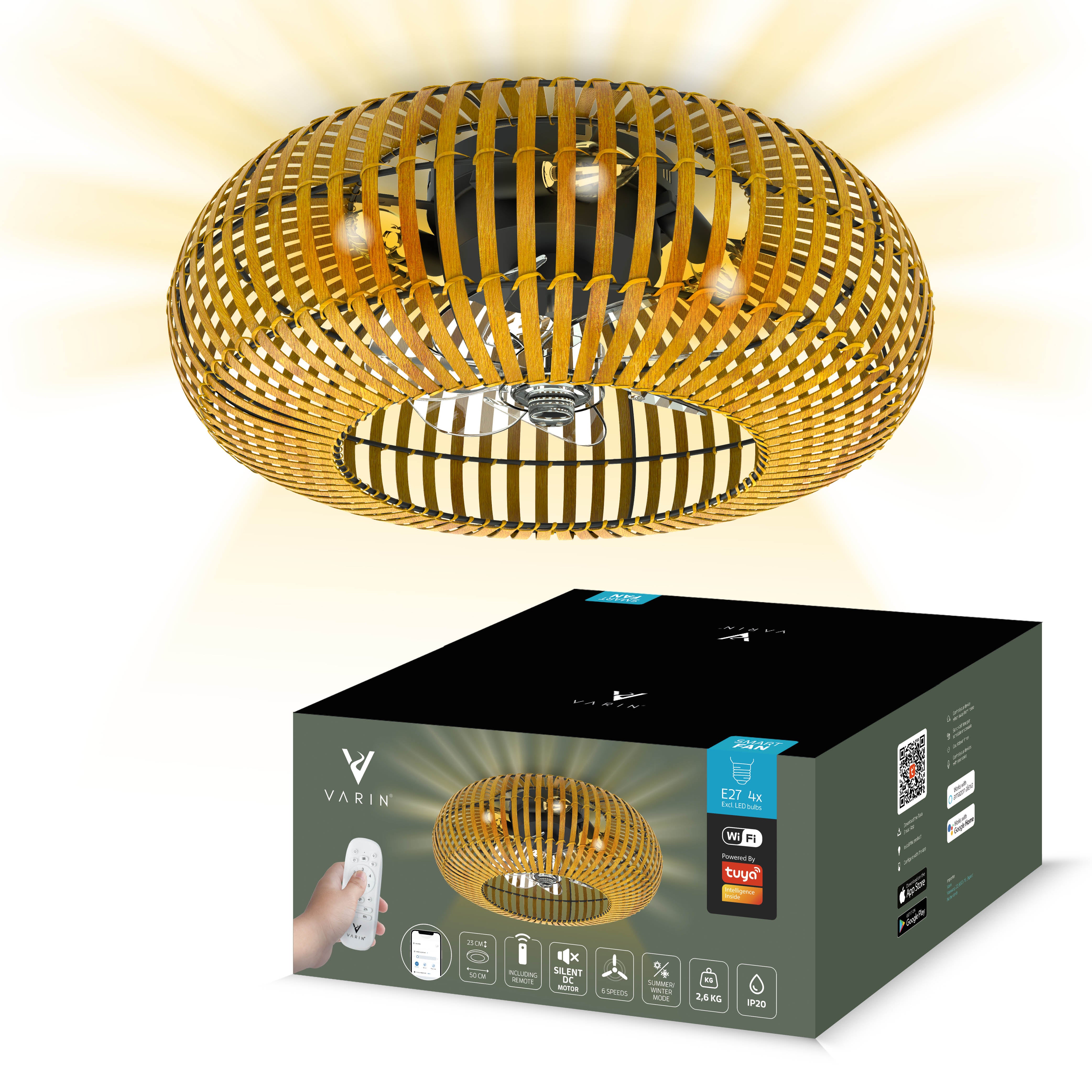 Varin® Smart Plafondlamp met ventilator - Bamboe