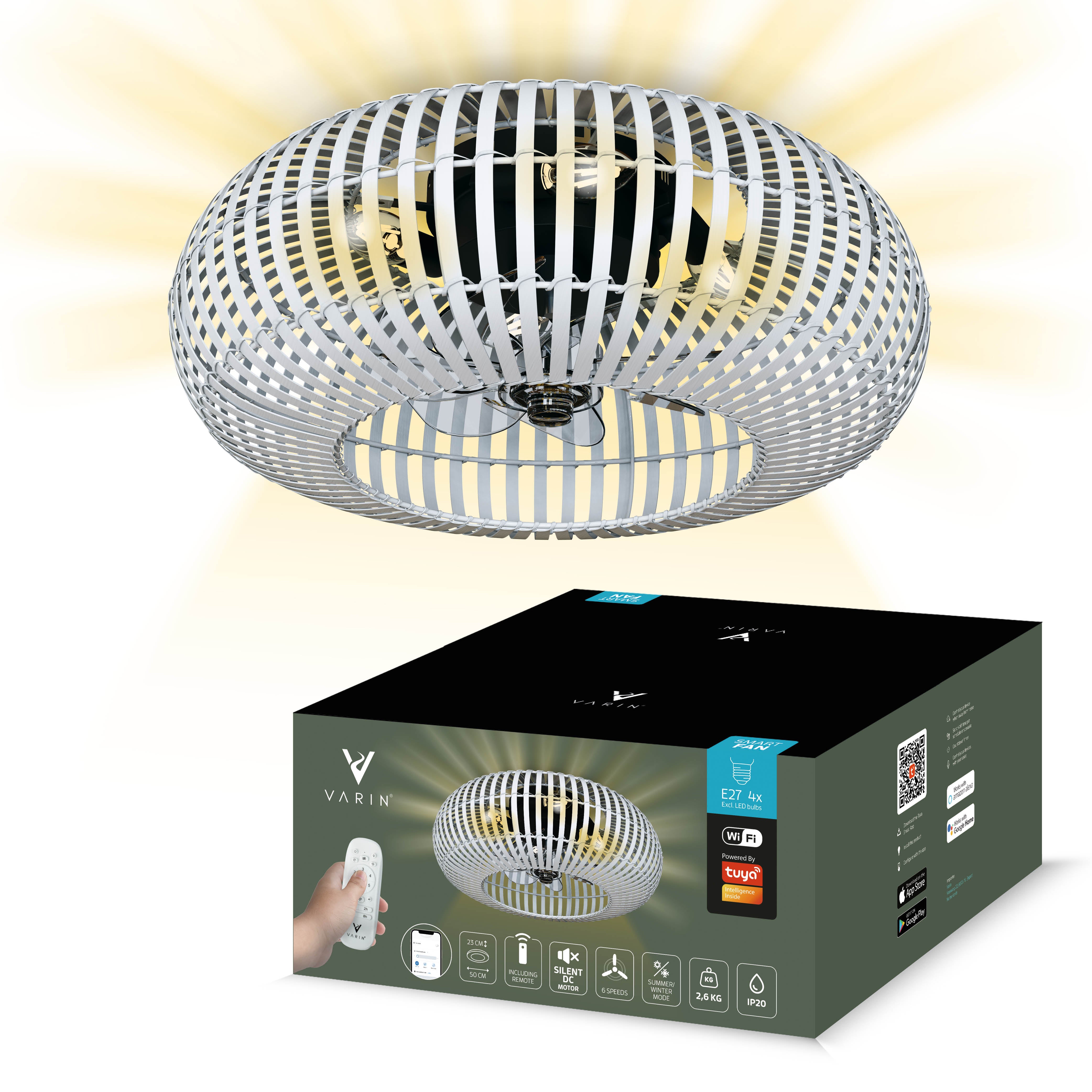Varin® Lampe de Plafond Intelligente avec Ventilateur - Bambou Blanc