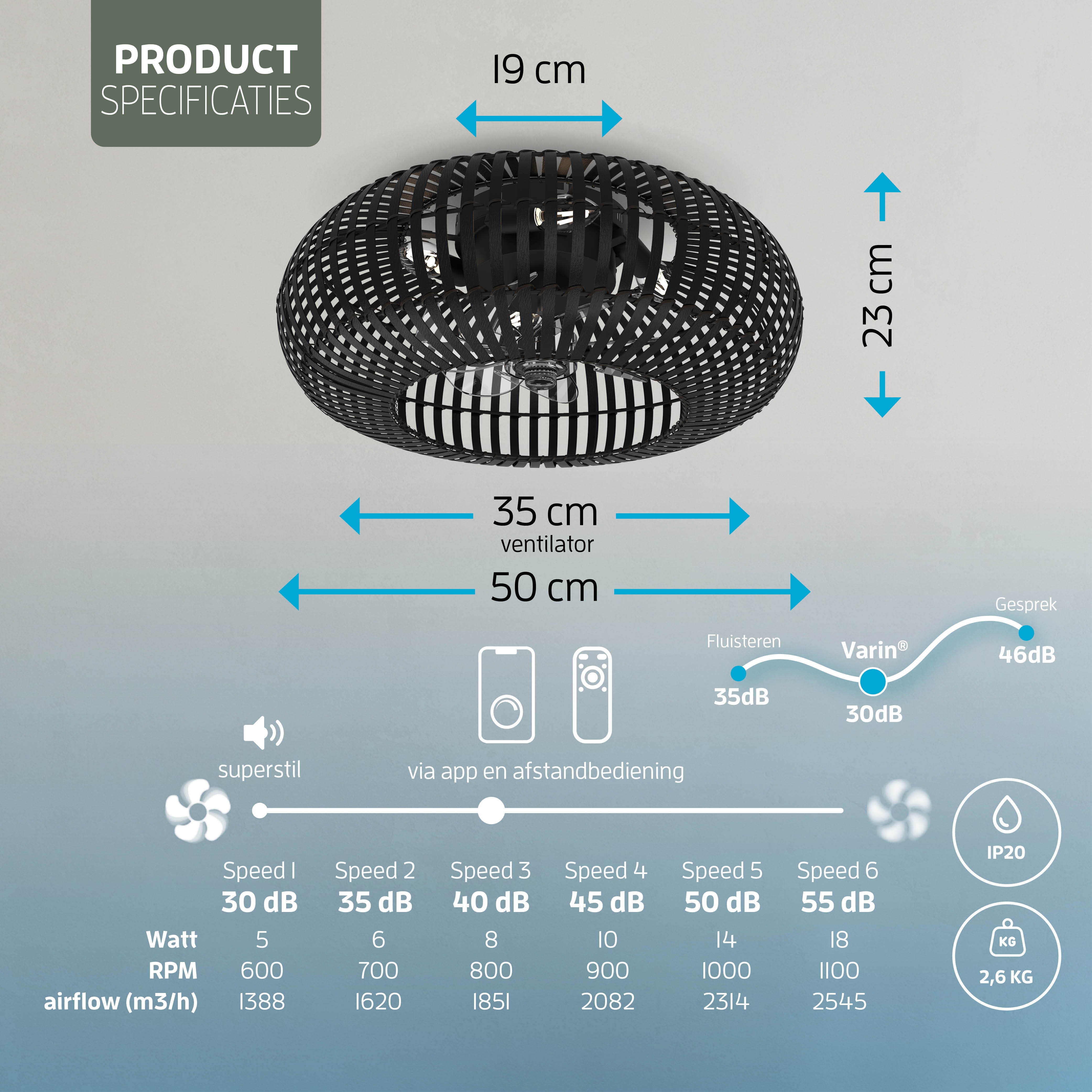 Varin® Smart Plafondlamp met ventilator - Bamboe Zwart