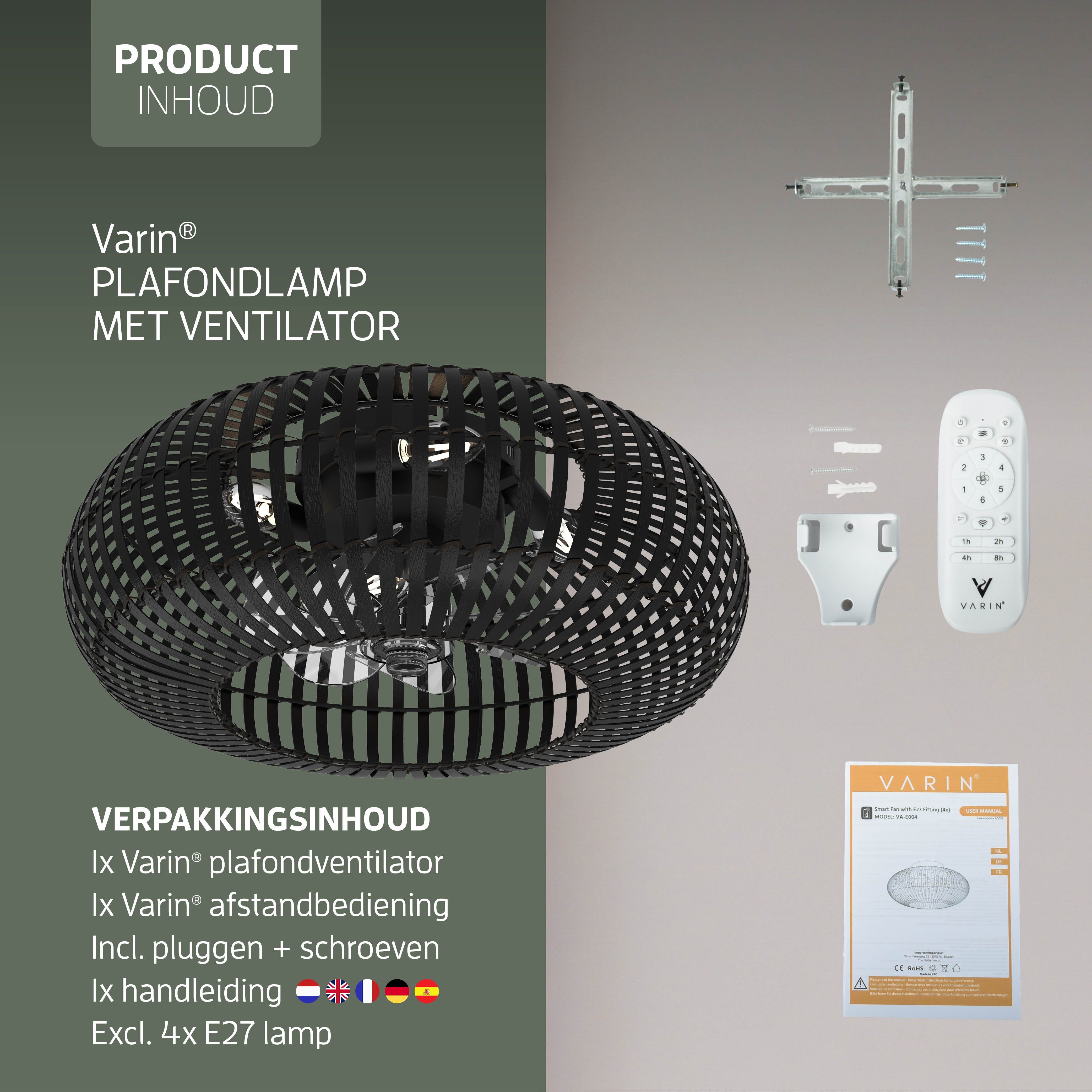 Varin® Smart Plafondlamp met ventilator - Bamboe Zwart