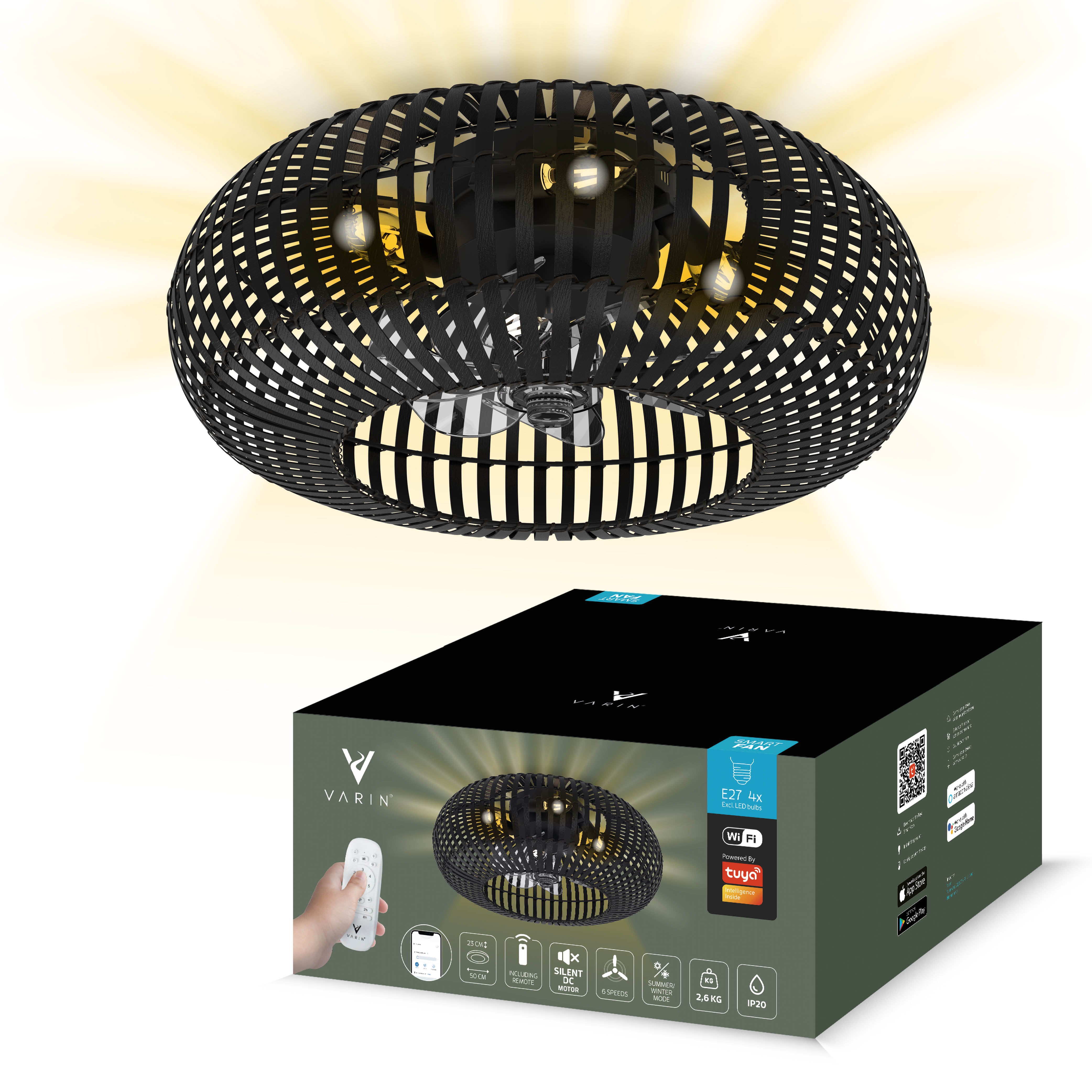 Varin® Smart Plafondlamp met ventilator - Bamboe Zwart