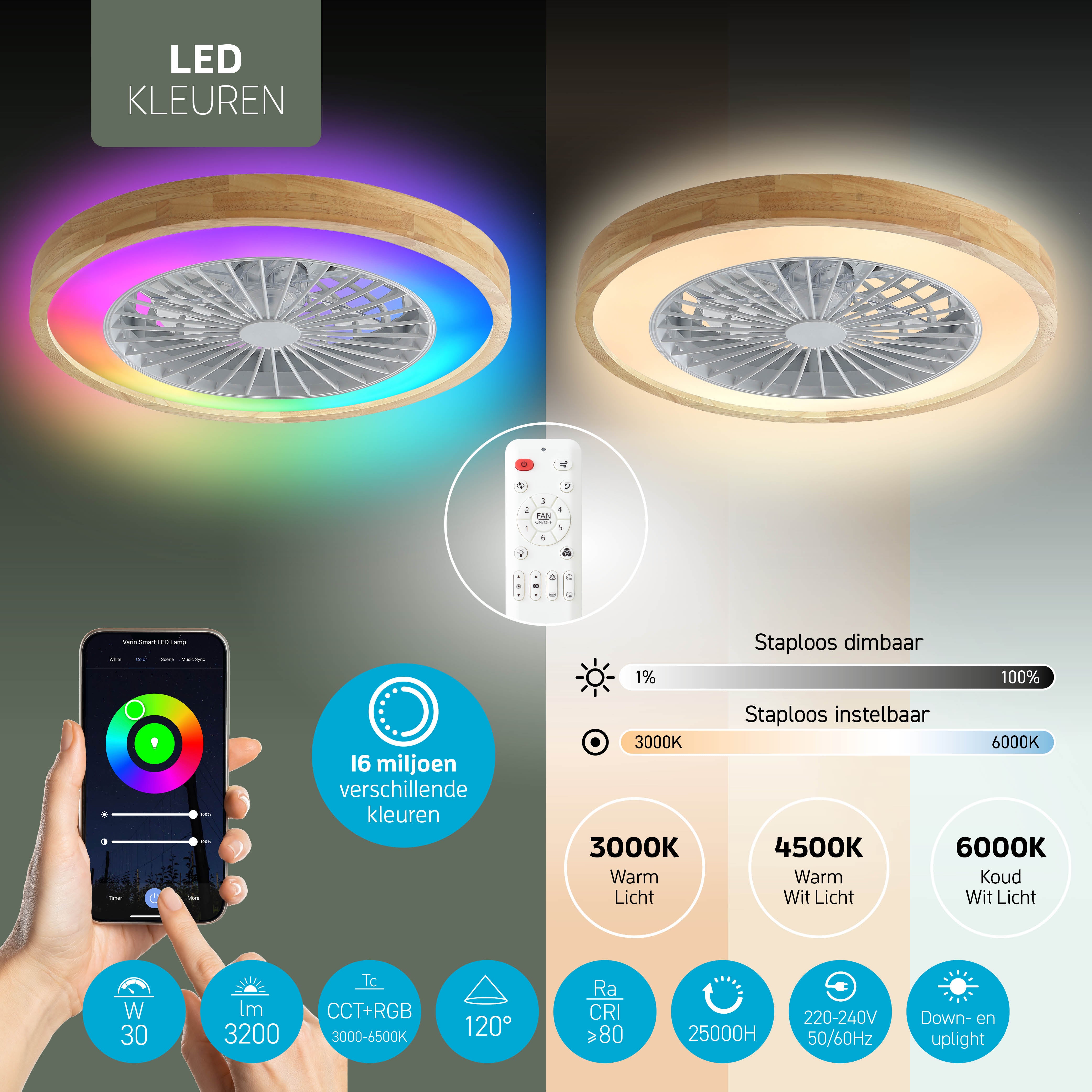Varin Lampe de Plafond LED Wifi Intelligente avec Ventilateur RGBW (CCT) - 50 cm - Tuya - bois clair