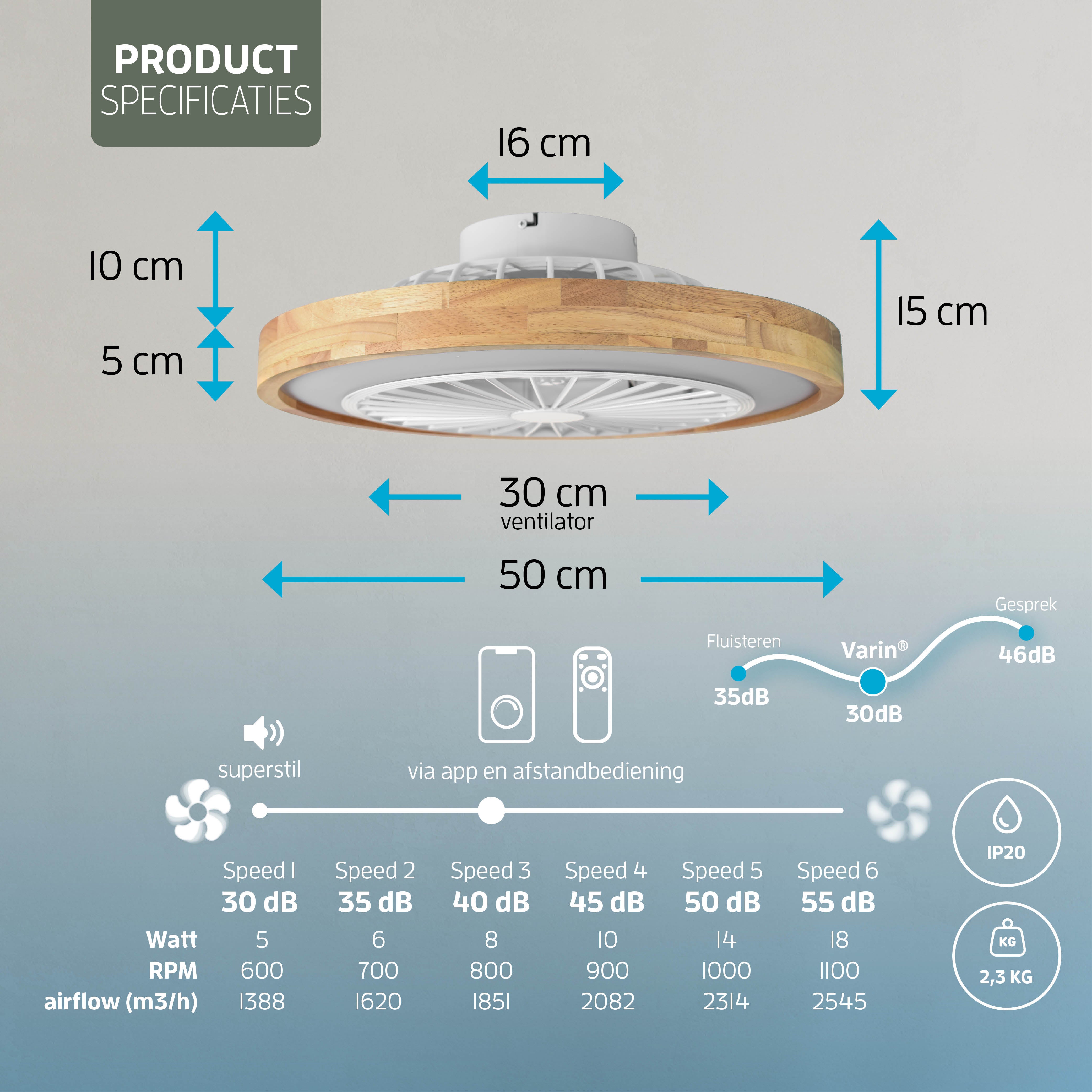 Varin Lampe de Plafond LED Wifi Intelligente avec Ventilateur RGBW (CCT) - 50 cm - Tuya - bois clair