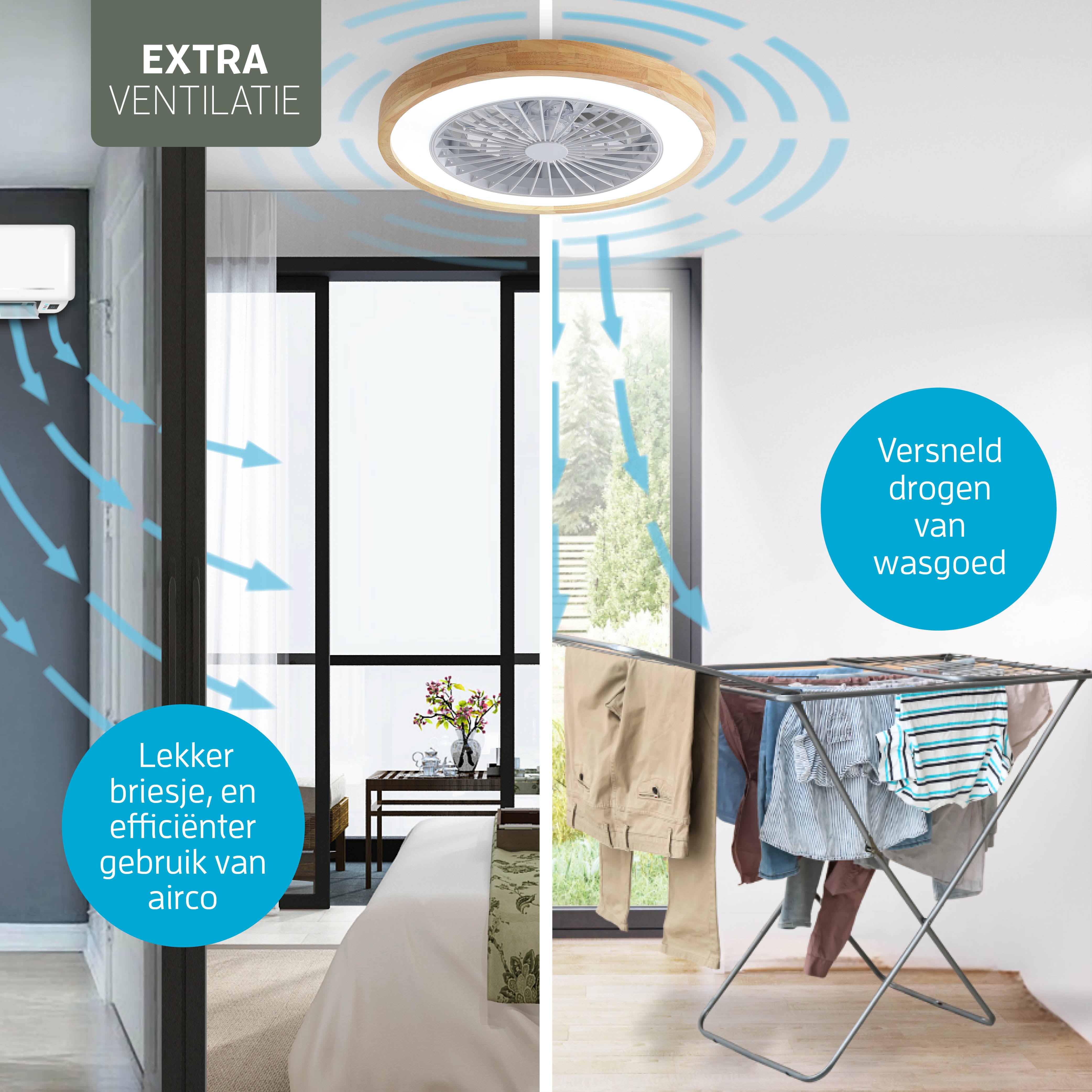 Varin Lampe de Plafond LED Wifi Intelligente avec Ventilateur RGBW (CCT) - 50 cm - Tuya - bois clair