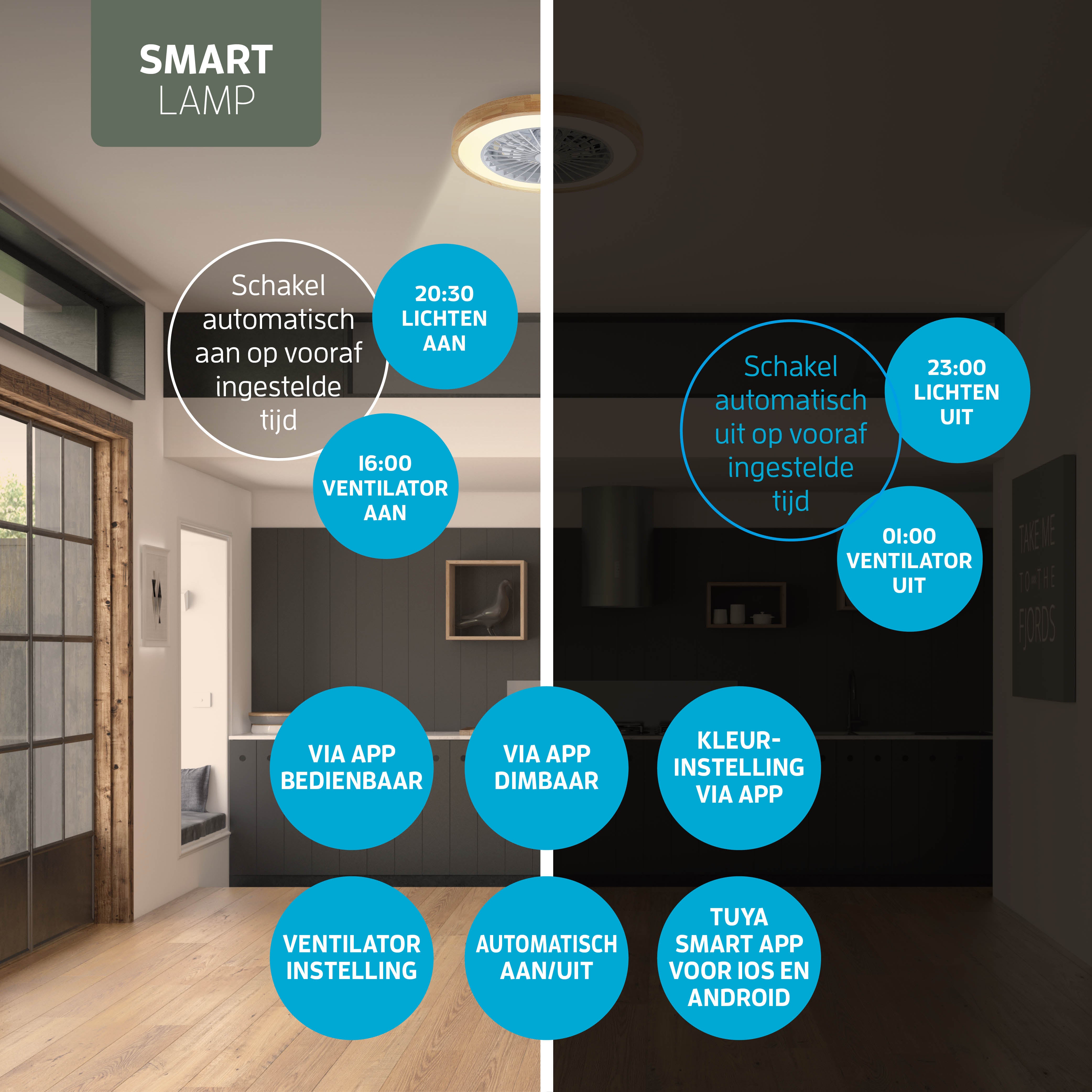 Varin Lampe de Plafond LED Wifi Intelligente avec Ventilateur RGBW (CCT) - 50 cm - Tuya - bois clair