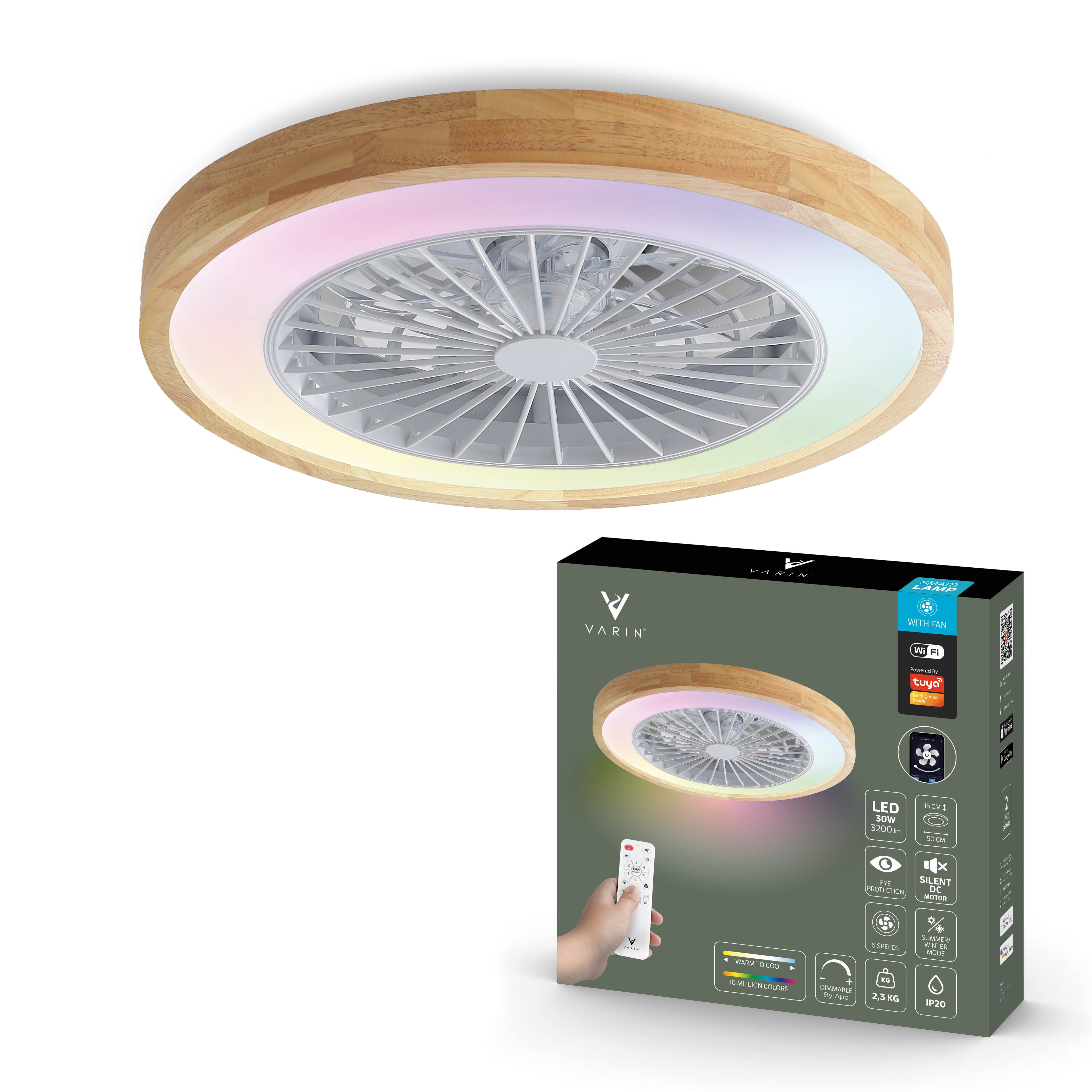 Varin Lampe de Plafond LED Wifi Intelligente avec Ventilateur RGBW (CCT) - 50 cm - Tuya - bois clair