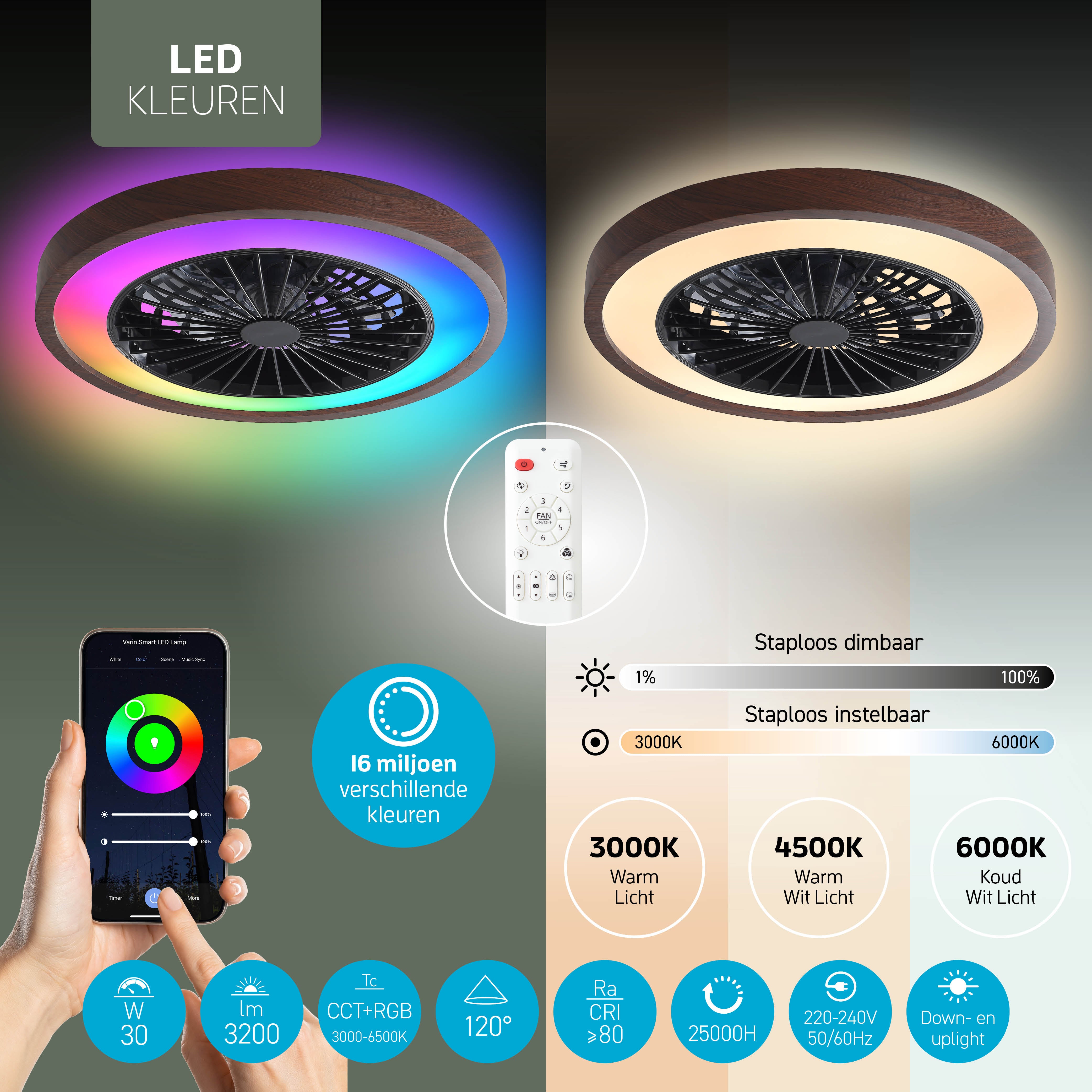 Varin Smart Lampada da soffitto LED Wifi con ventilatore RGBW (CCT) - 50 cm - Tuya - Noce