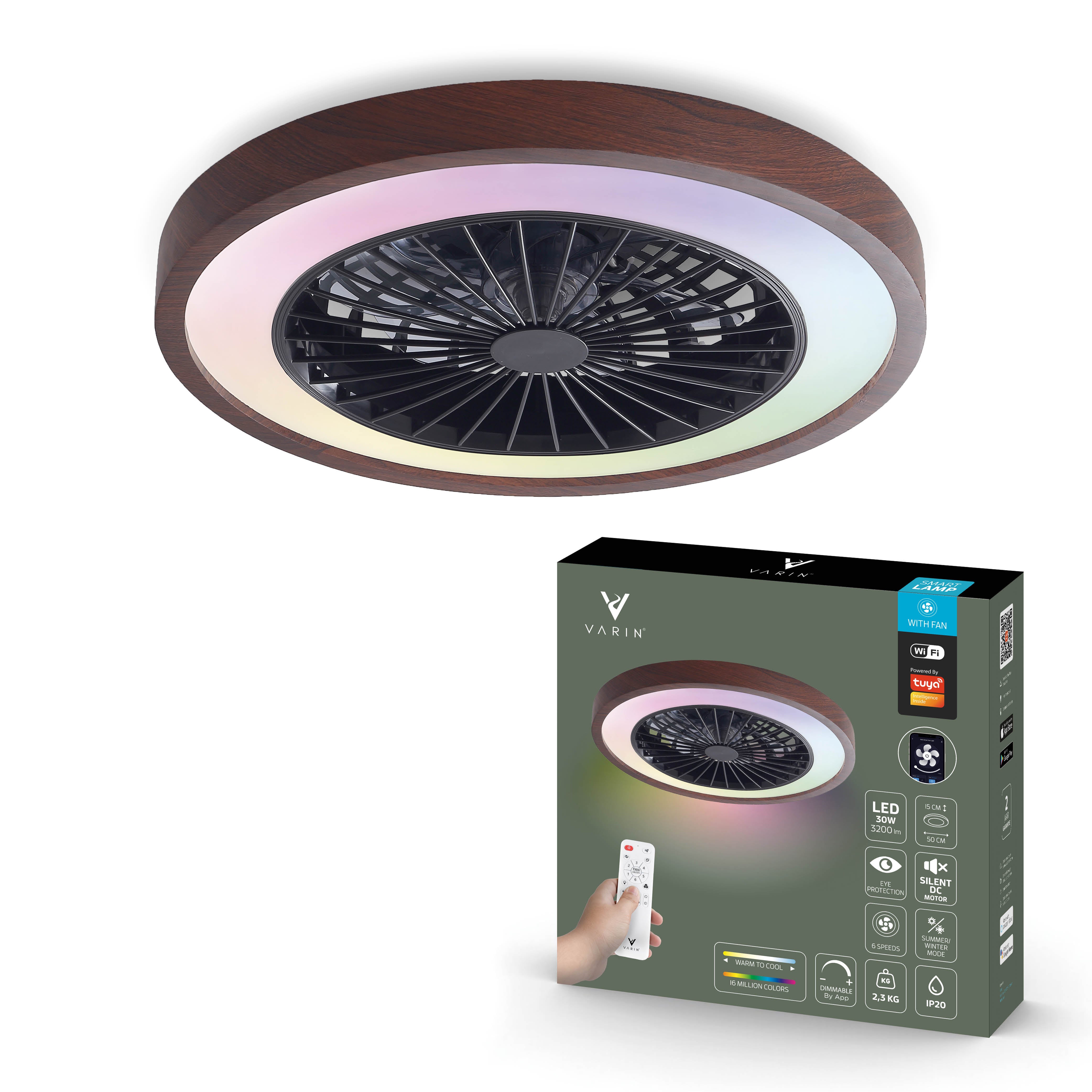 Varin Smart Lampada da soffitto LED Wifi con ventilatore RGBW (CCT) - 50 cm - Tuya - Noce