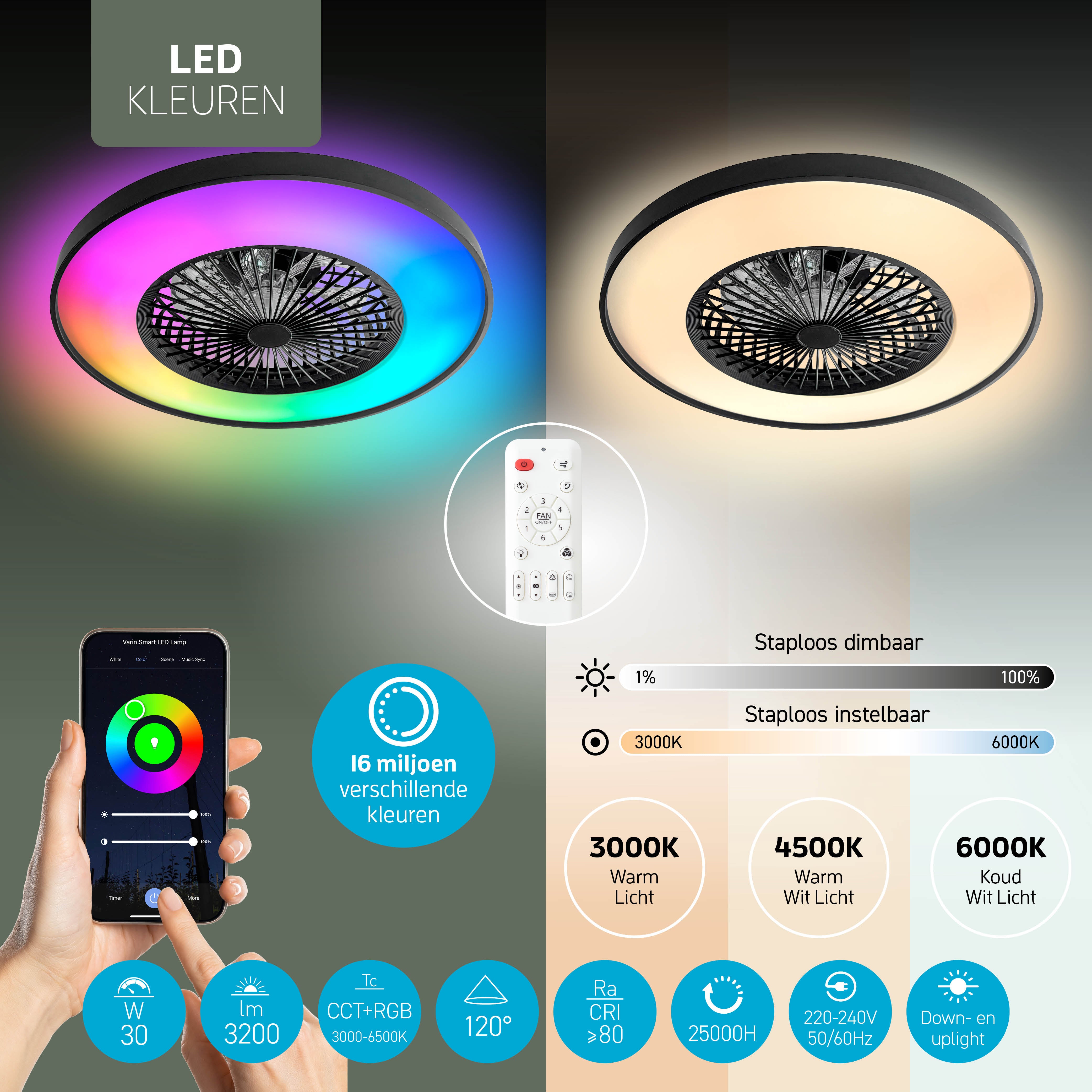 Varin Lampe de Plafond LED Wifi Intelligente avec Ventilateur RGBW (CCT) - 60 cm - Tuya - Blanc