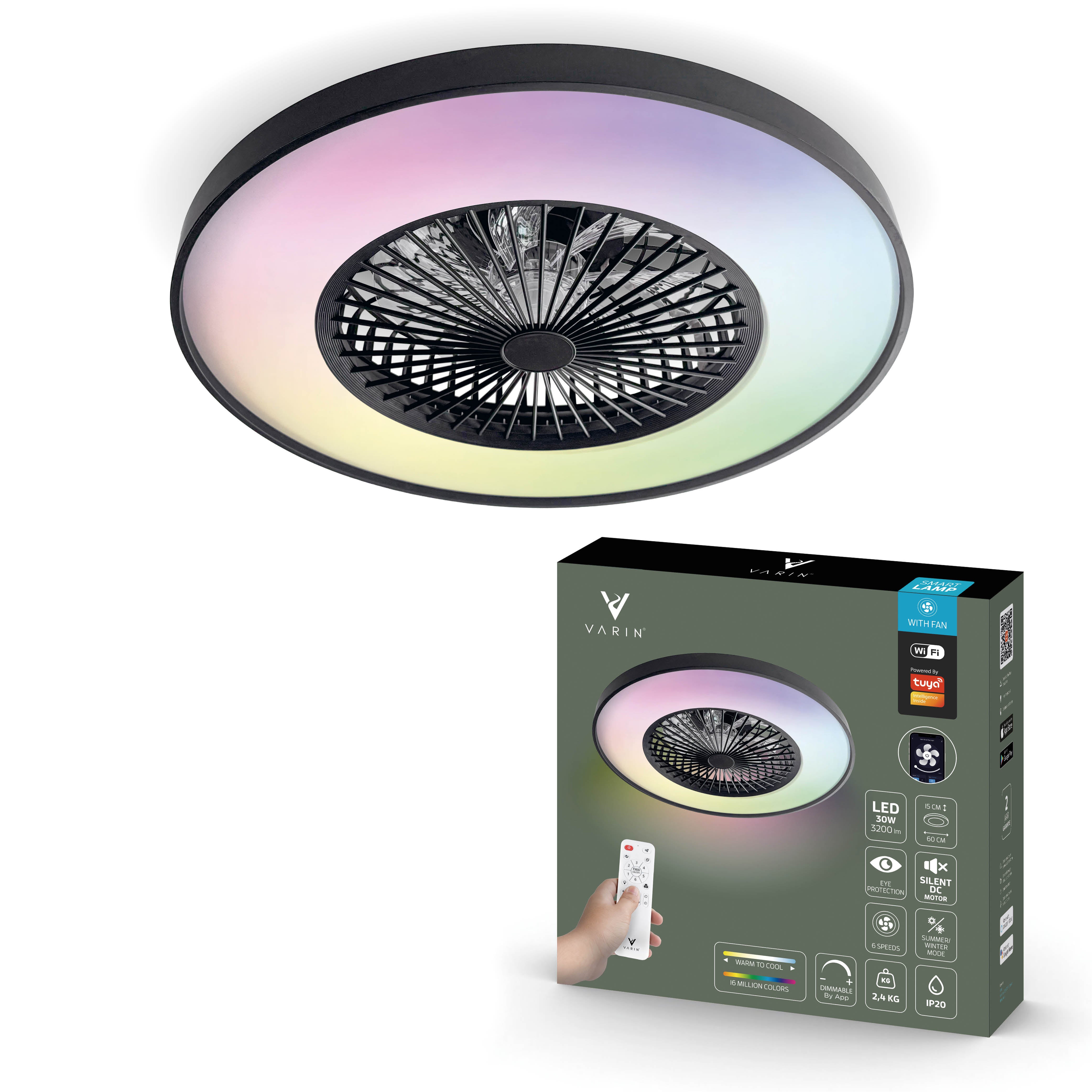 Varin Lampe de Plafond LED Wifi Intelligente avec Ventilateur RGBW (CCT) - 60 cm - Tuya - Blanc