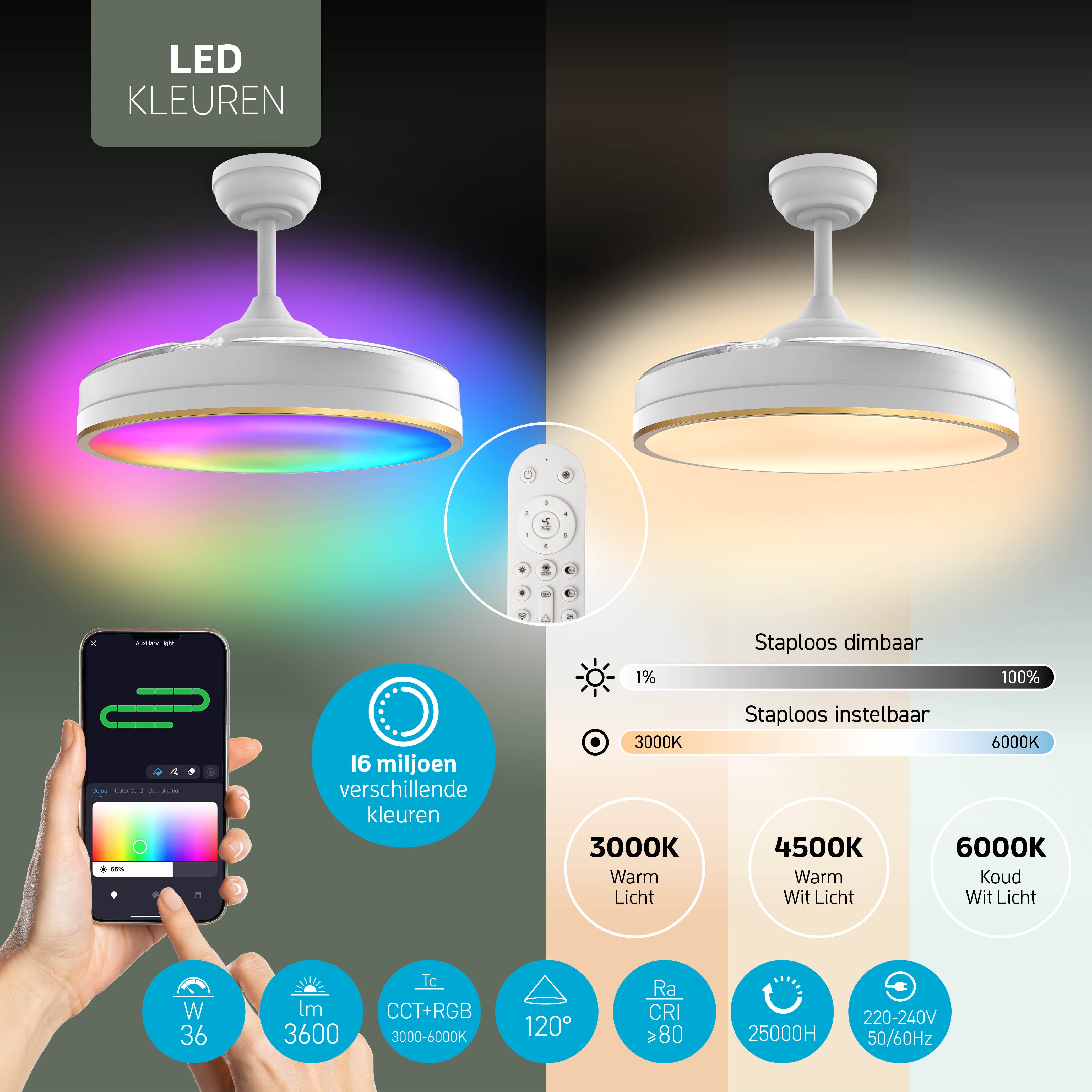 Lampada da soffitto con ventilatore pieghevole - Bianco/Oro - 108cm - WiFi