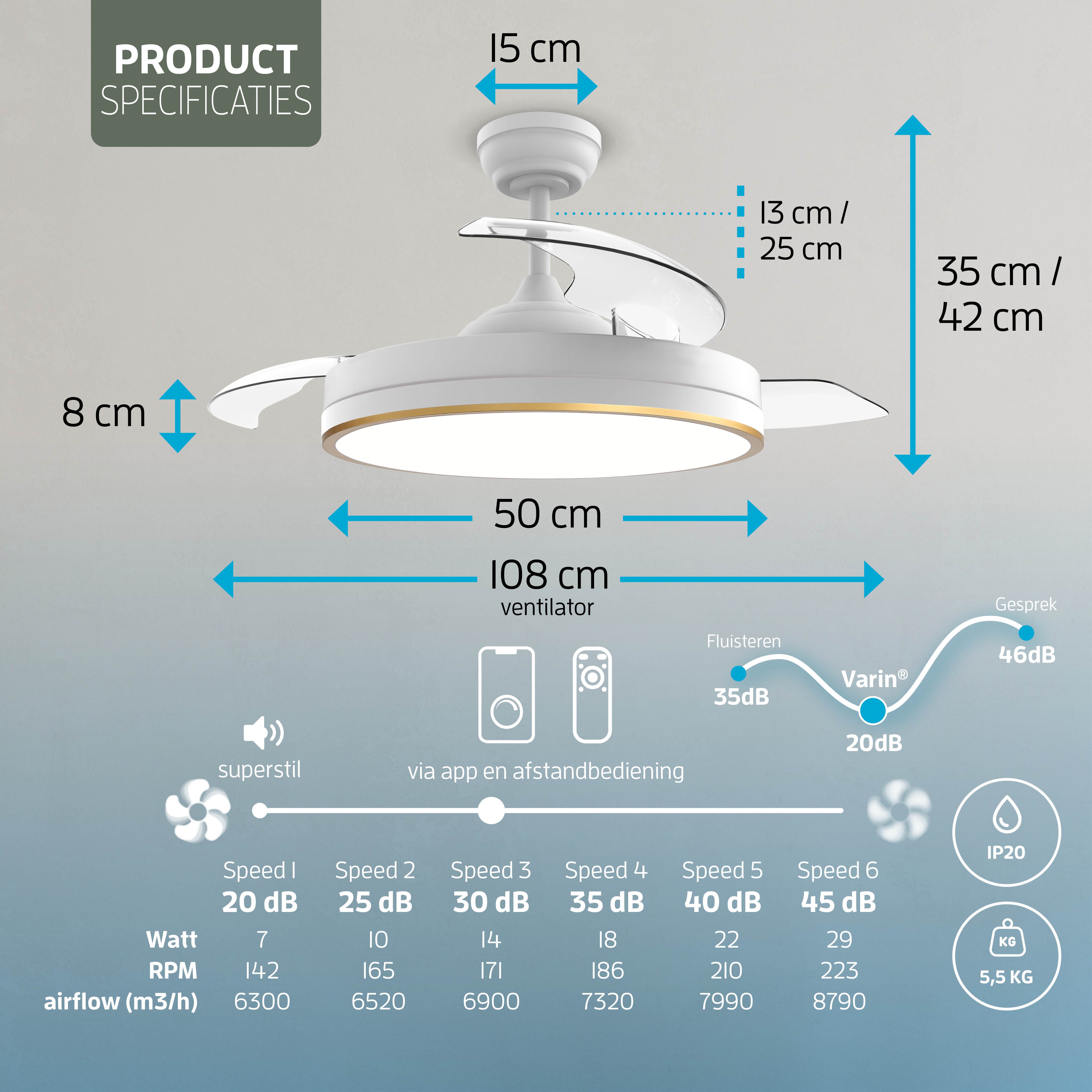 Lampada da soffitto con ventilatore pieghevole - Bianco/Oro - 108cm - WiFi