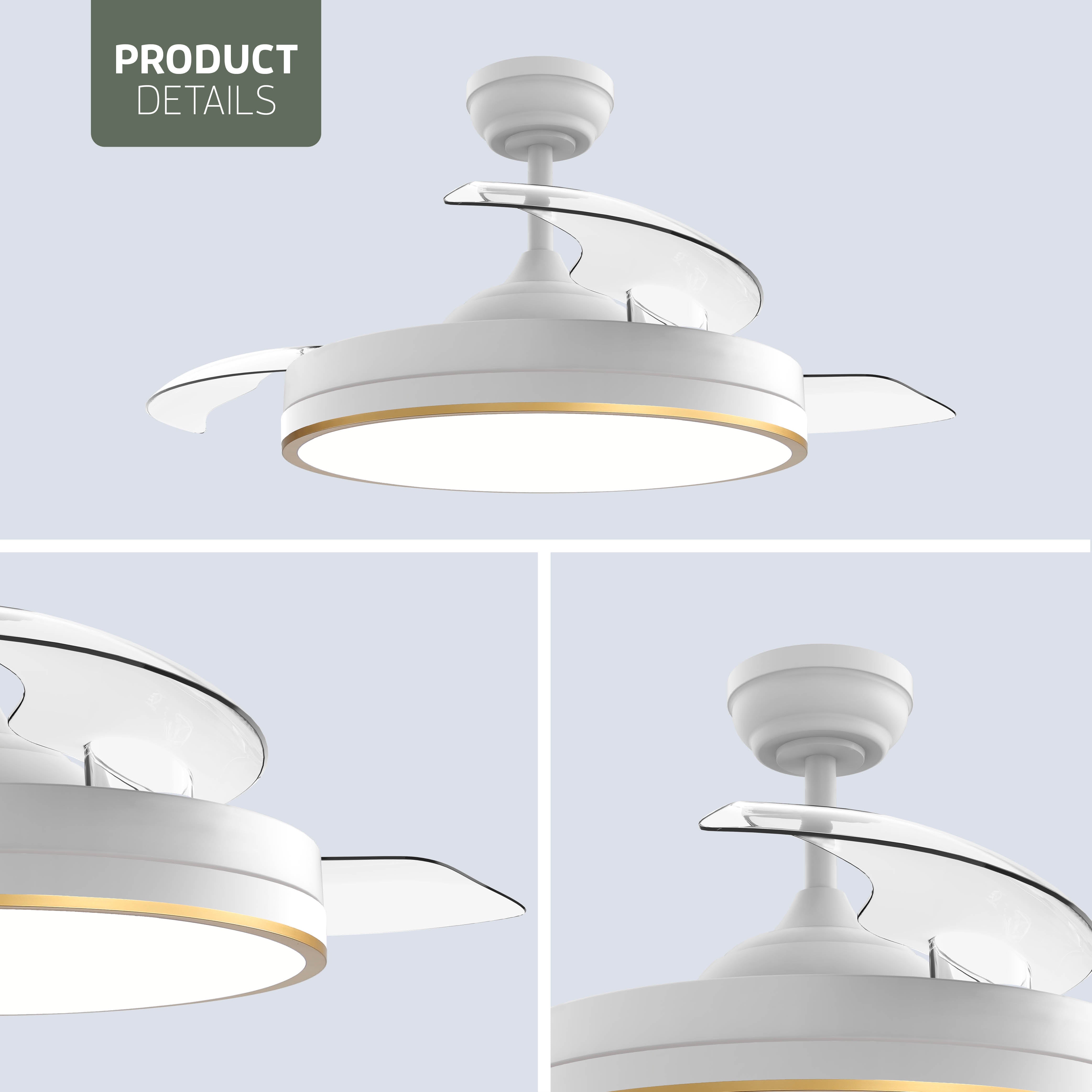 Lampada da soffitto con ventilatore pieghevole - Bianco/Oro - 108cm - WiFi