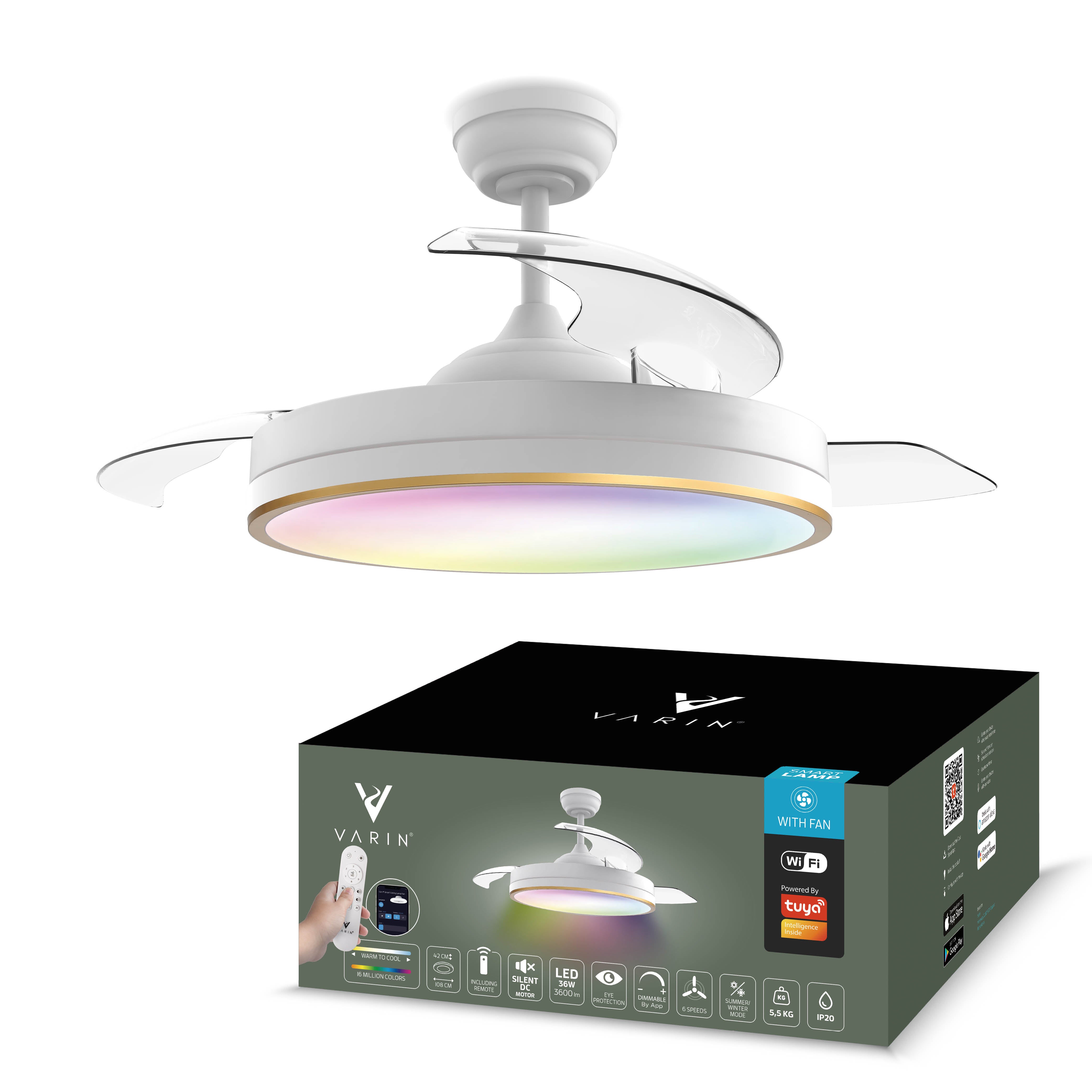 Lampada da soffitto con ventilatore pieghevole - Bianco/Oro - 108cm - WiFi