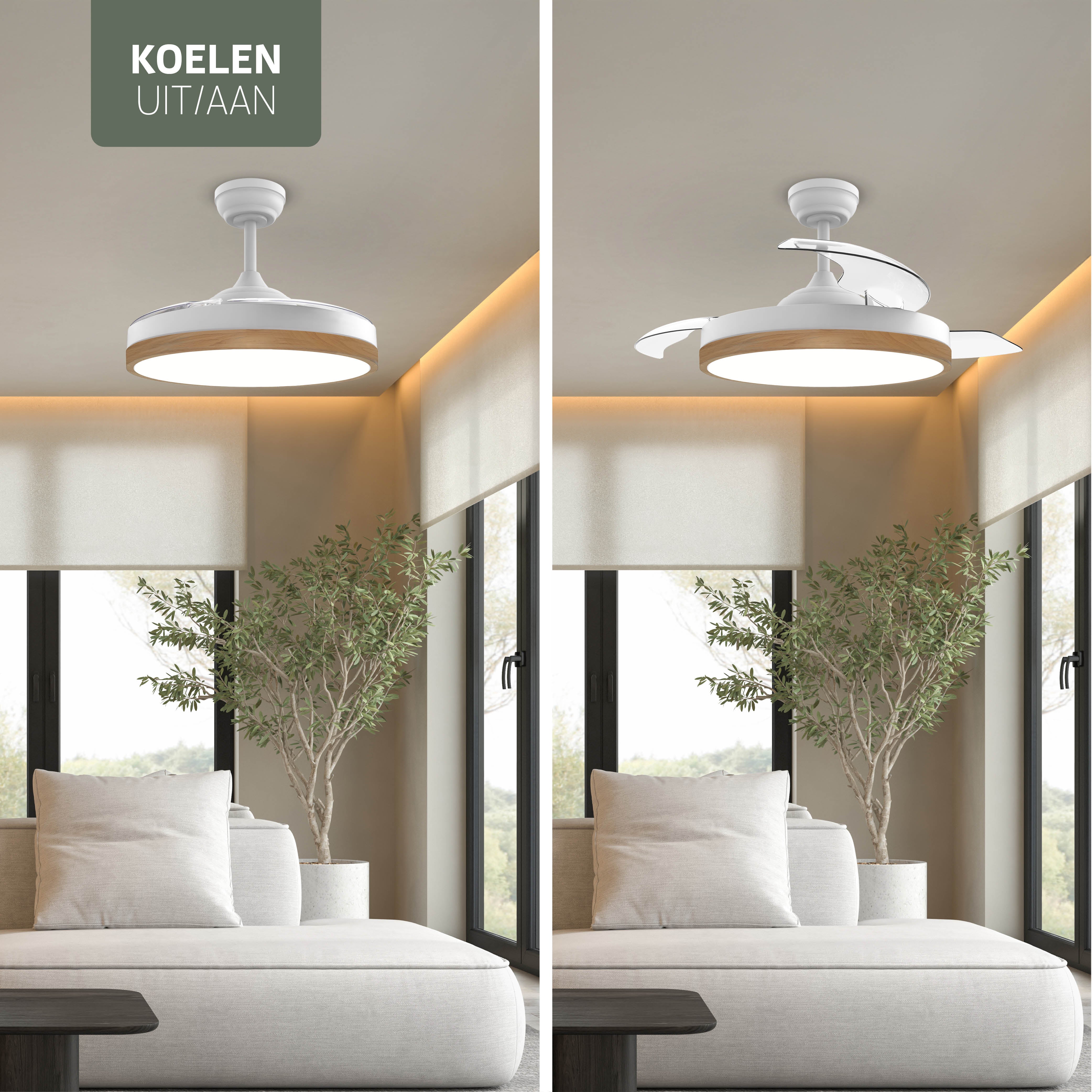 Plafondlamp met uitklapbare ventilator - Wit/Lichthout - 108cm - WiFi