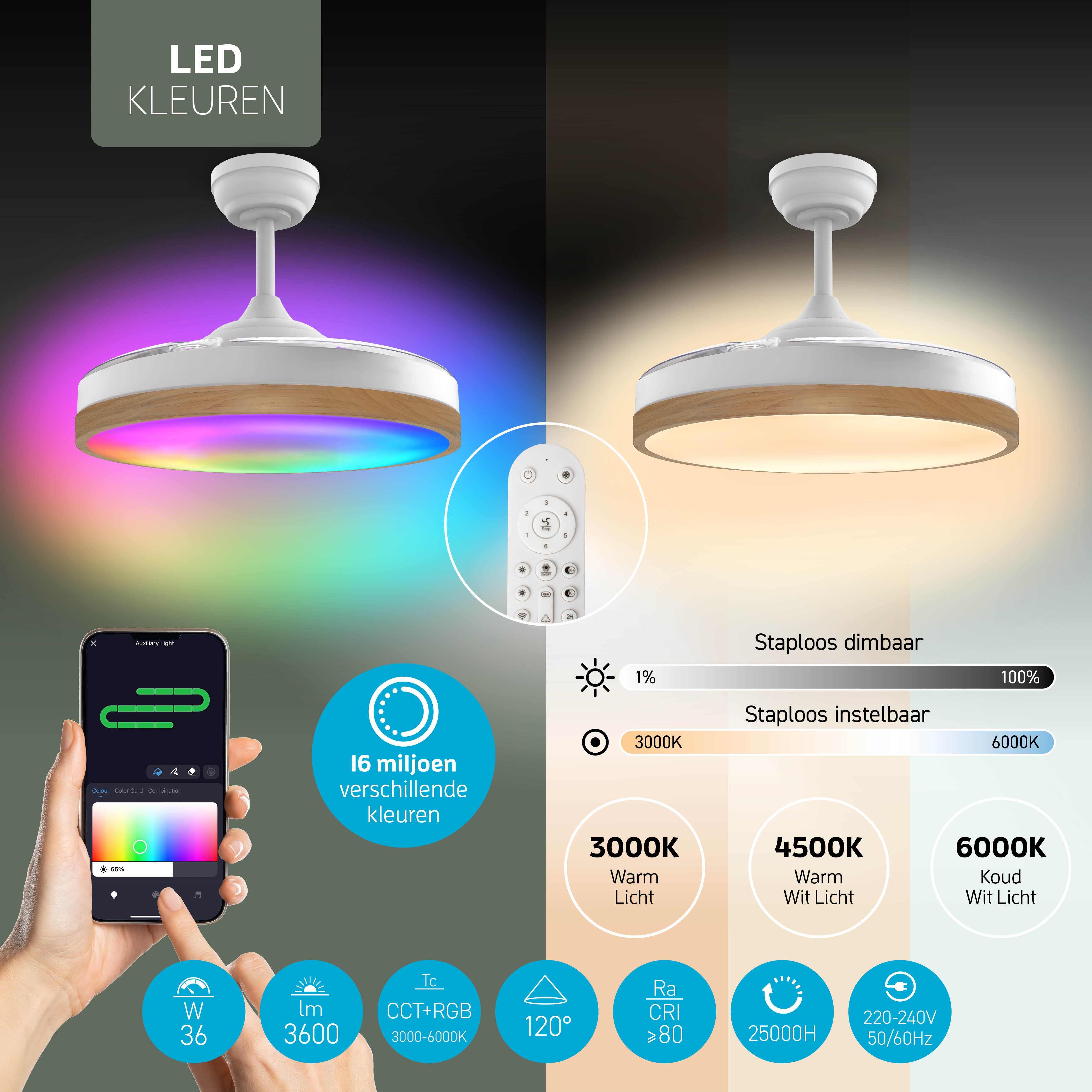 Plafondlamp met uitklapbare ventilator - Wit/Lichthout - 108cm - WiFi