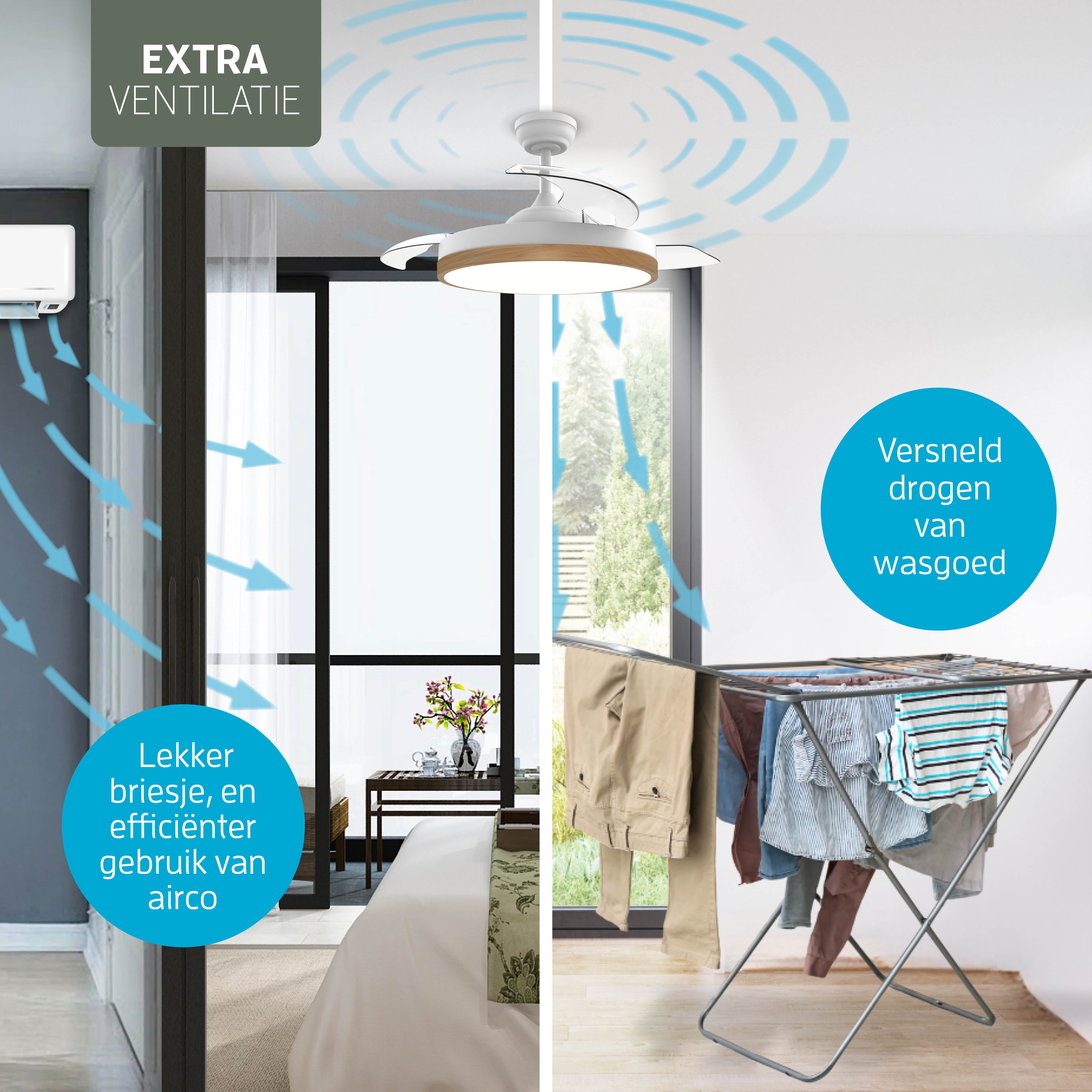 Plafondlamp met uitklapbare ventilator - Wit/Lichthout - 108cm - WiFi