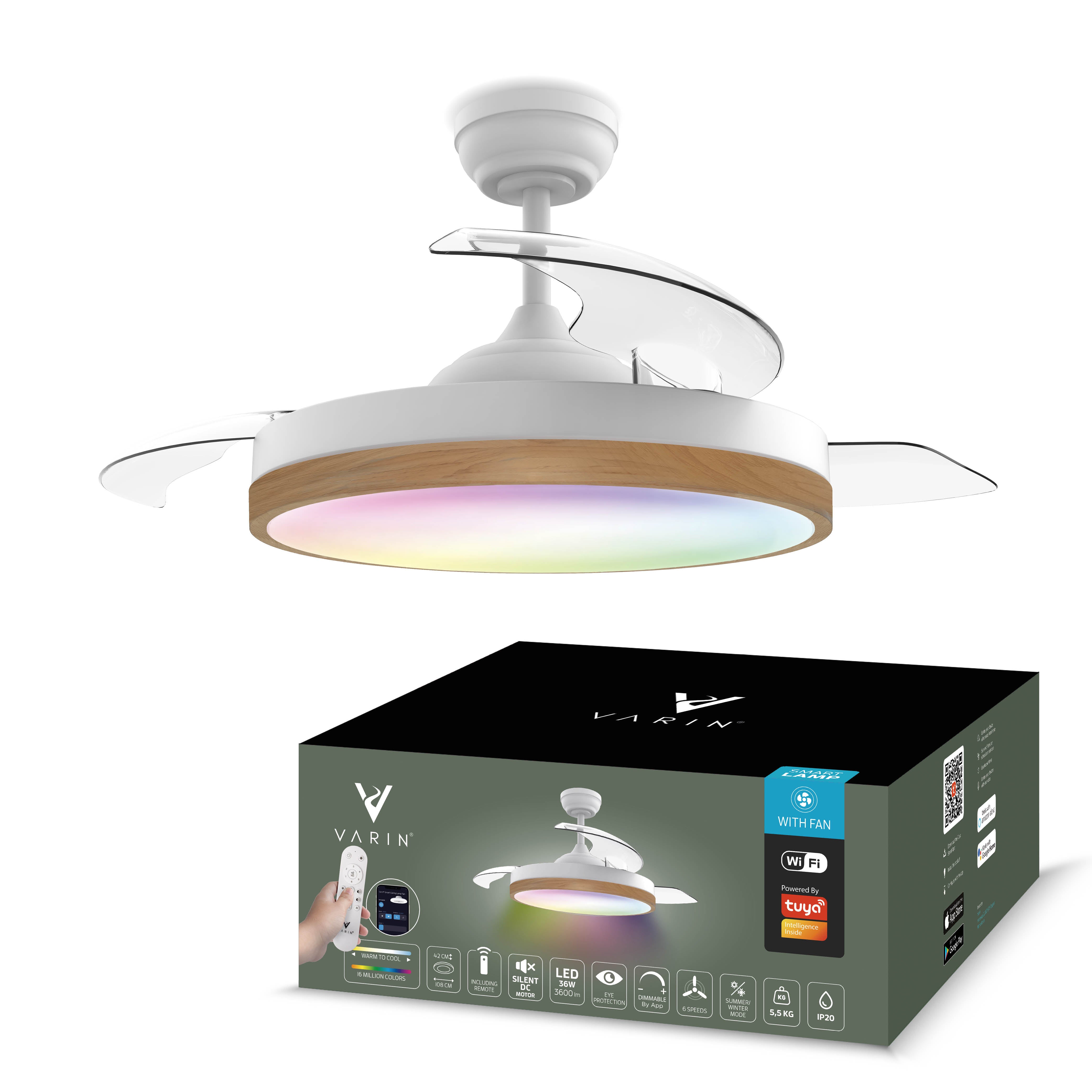 Plafondlamp met uitklapbare ventilator - Wit/Lichthout - 108cm - WiFi