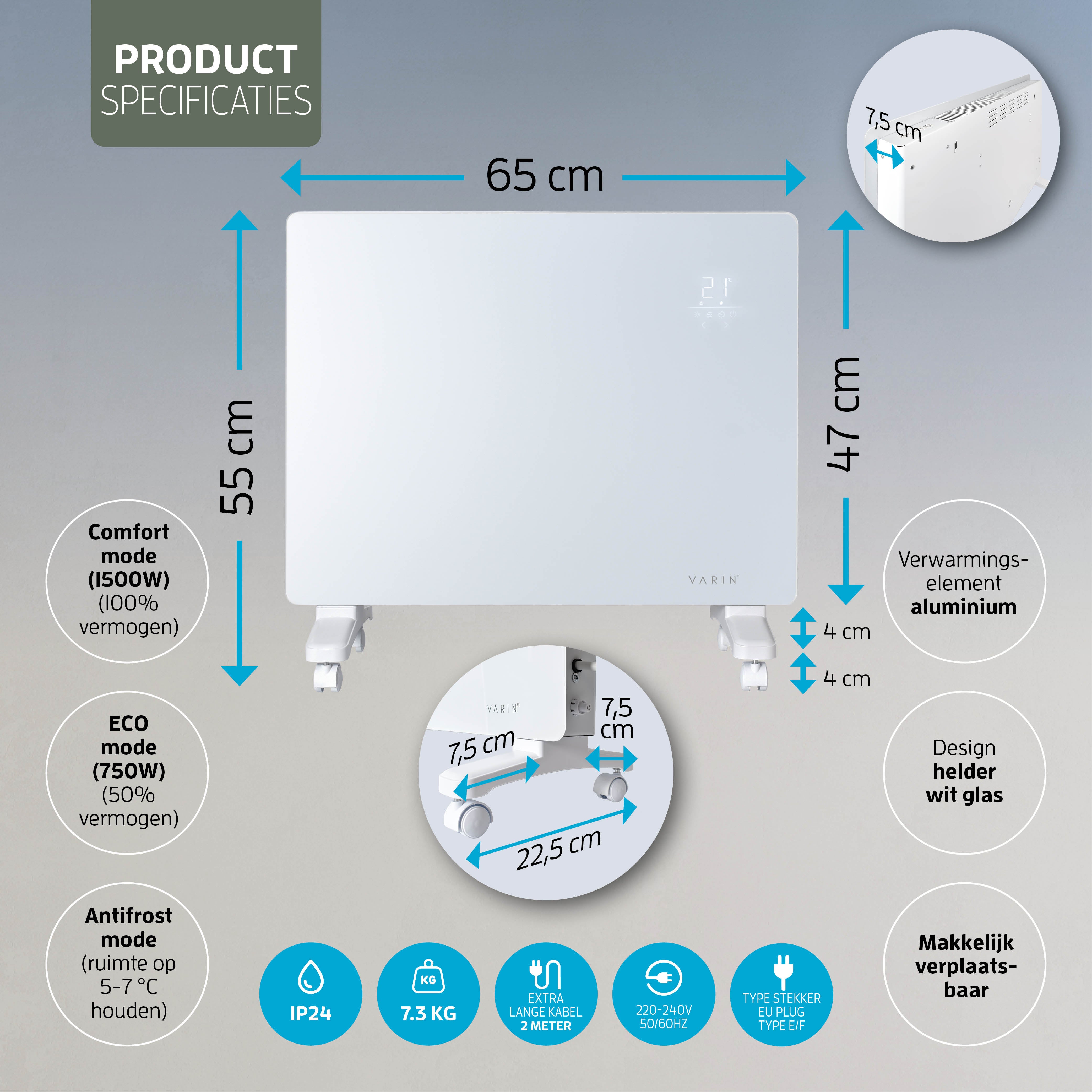 Varin® Smart Design Elektrischer Heizkörper – 1500W – 65x55cm – Weißglas – IP24 – Tuya WLAN