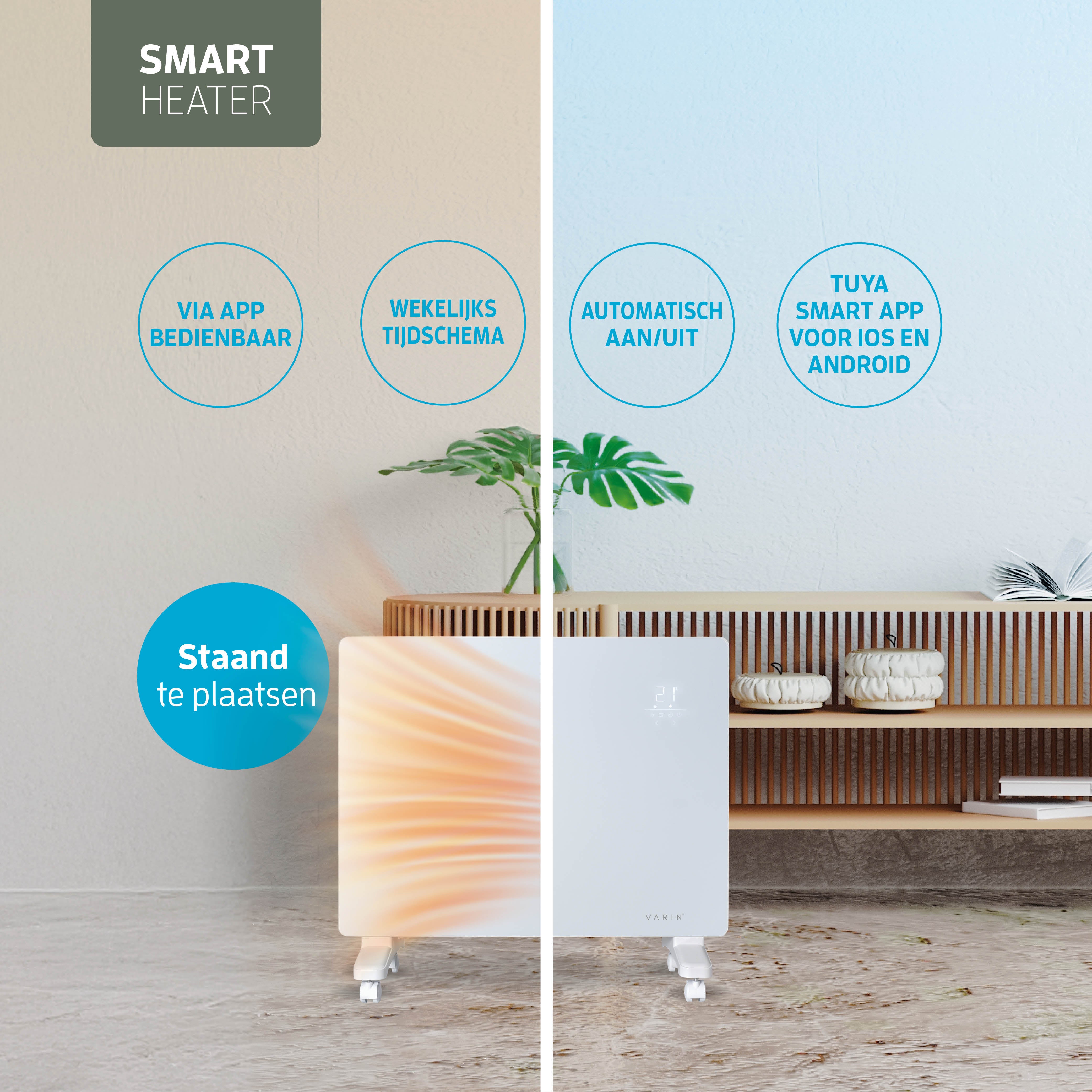 Varin® Smart Design Elektrischer Heizkörper – 1500W – 65x55cm – Weißglas – IP24 – Tuya WLAN