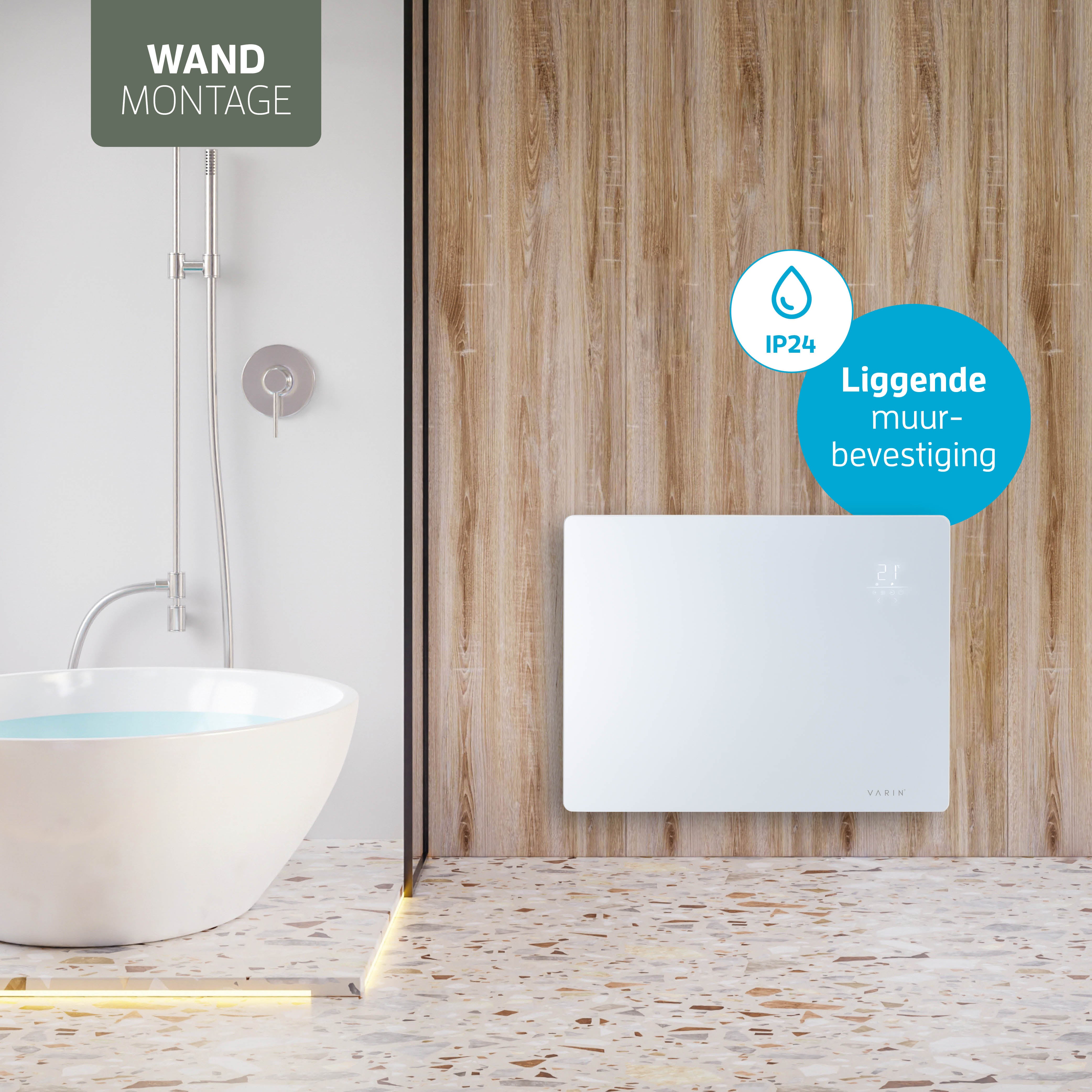 Varin® Smart Design Elektrischer Heizkörper – 1500W – 65x55cm – Weißglas – IP24 – Tuya WLAN