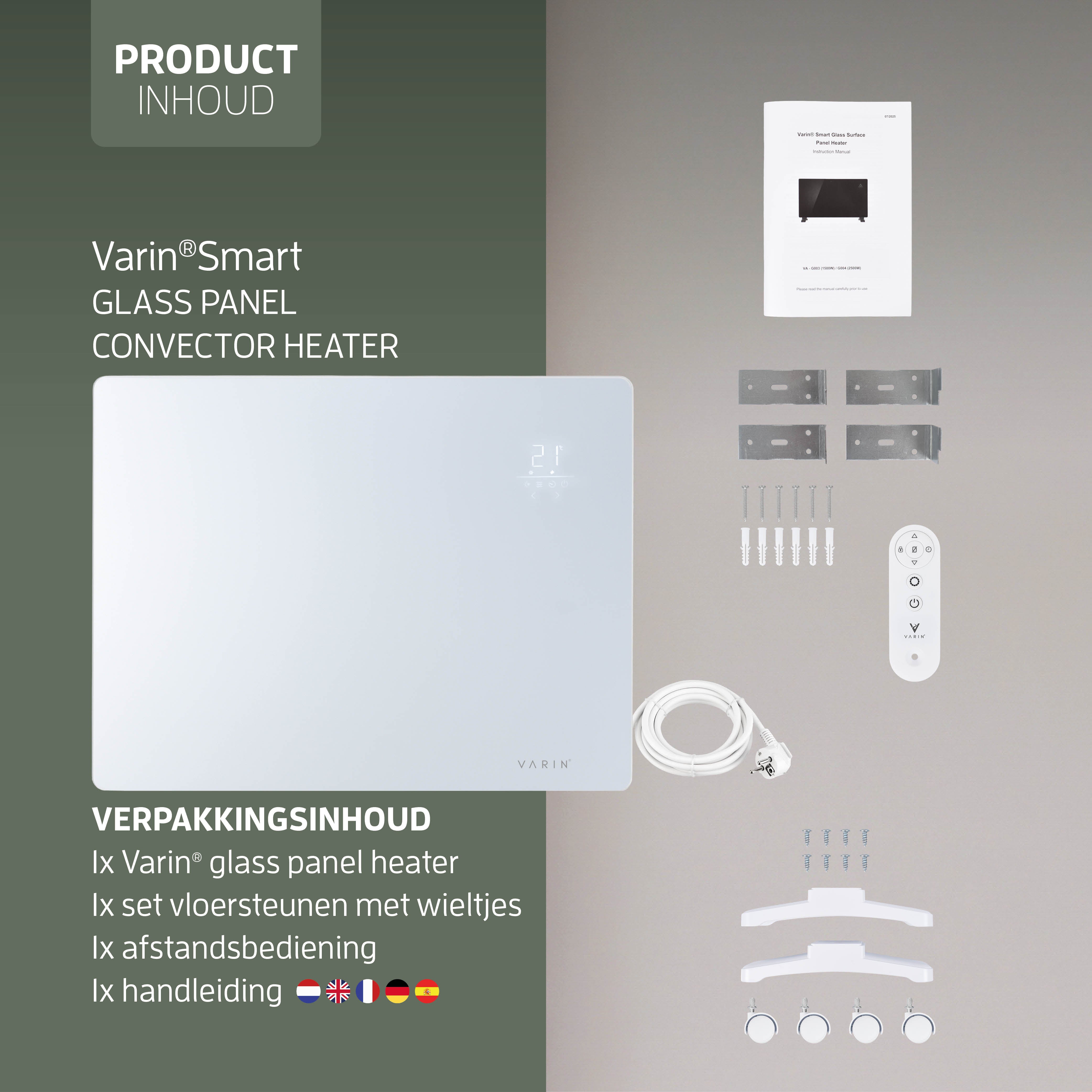Varin® Smart Design Elektrischer Heizkörper – 1500W – 65x55cm – Weißglas – IP24 – Tuya WLAN