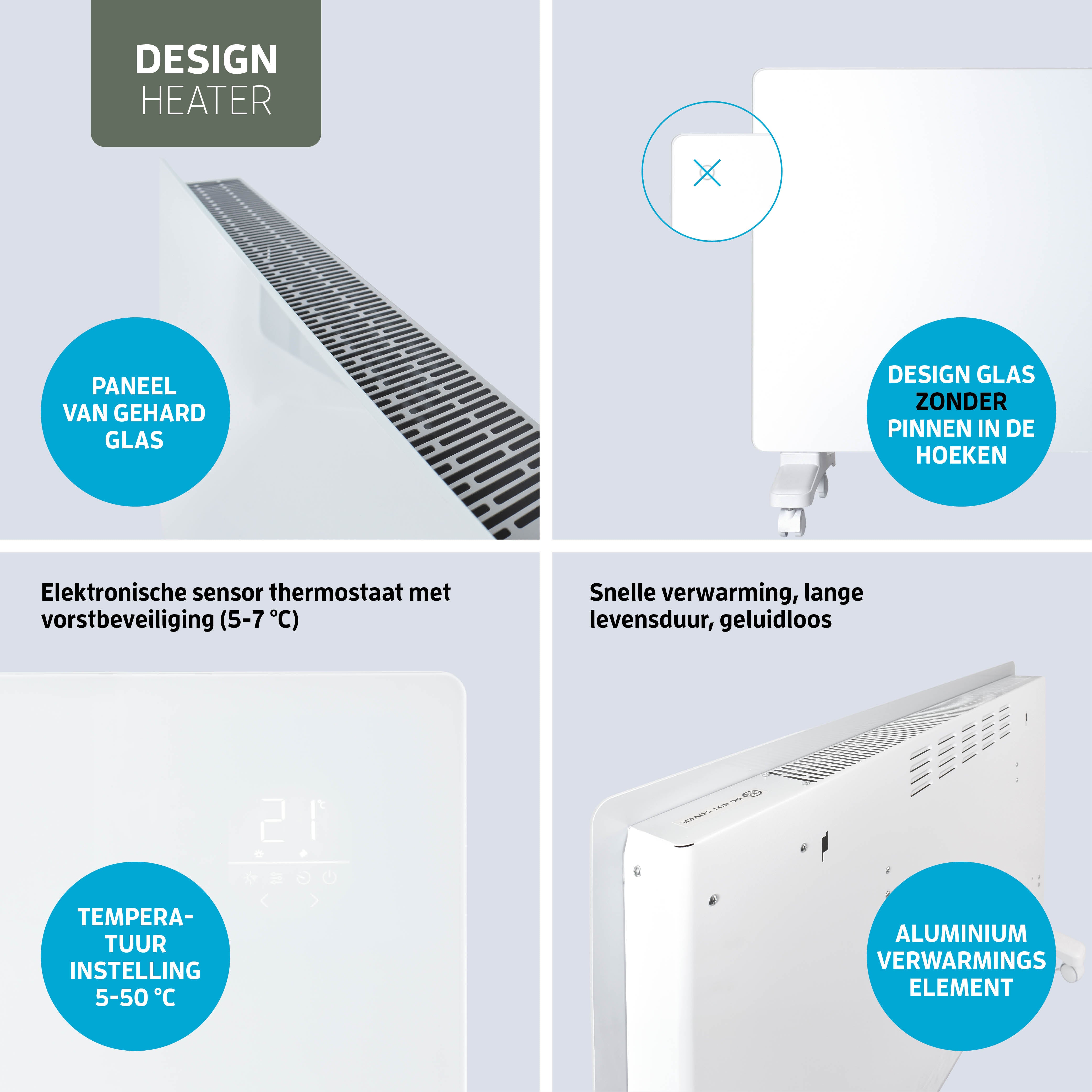 Varin® Smart Design Elektrischer Heizkörper – 1500W – 65x55cm – Weißglas – IP24 – Tuya WLAN