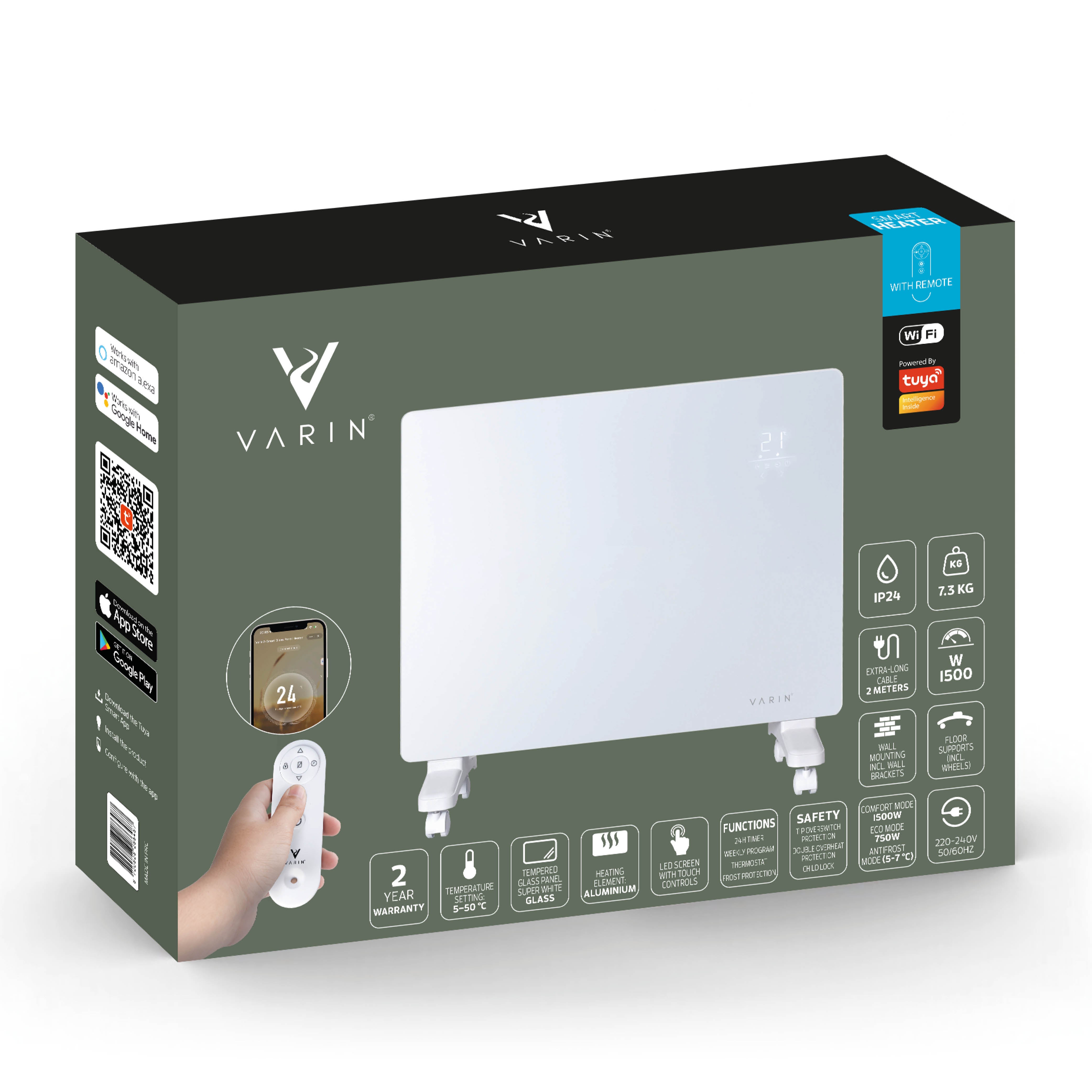 Varin® Smart Design Elektrischer Heizkörper – 1500W – 65x55cm – Weißglas – IP24 – Tuya WLAN