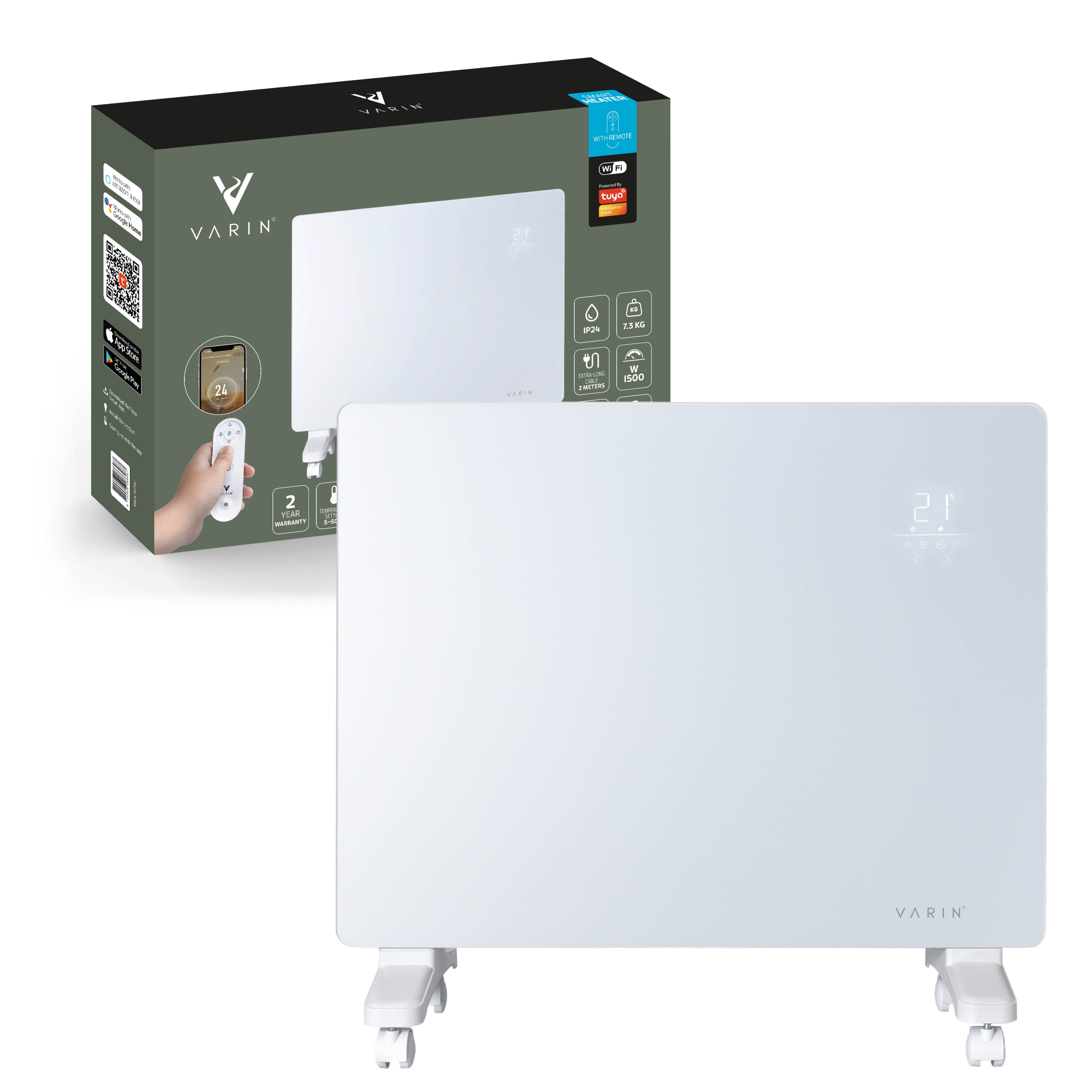 Varin® Smart Design Elektrischer Heizkörper – 1500W – 65x55cm – Weißglas – IP24 – Tuya WLAN