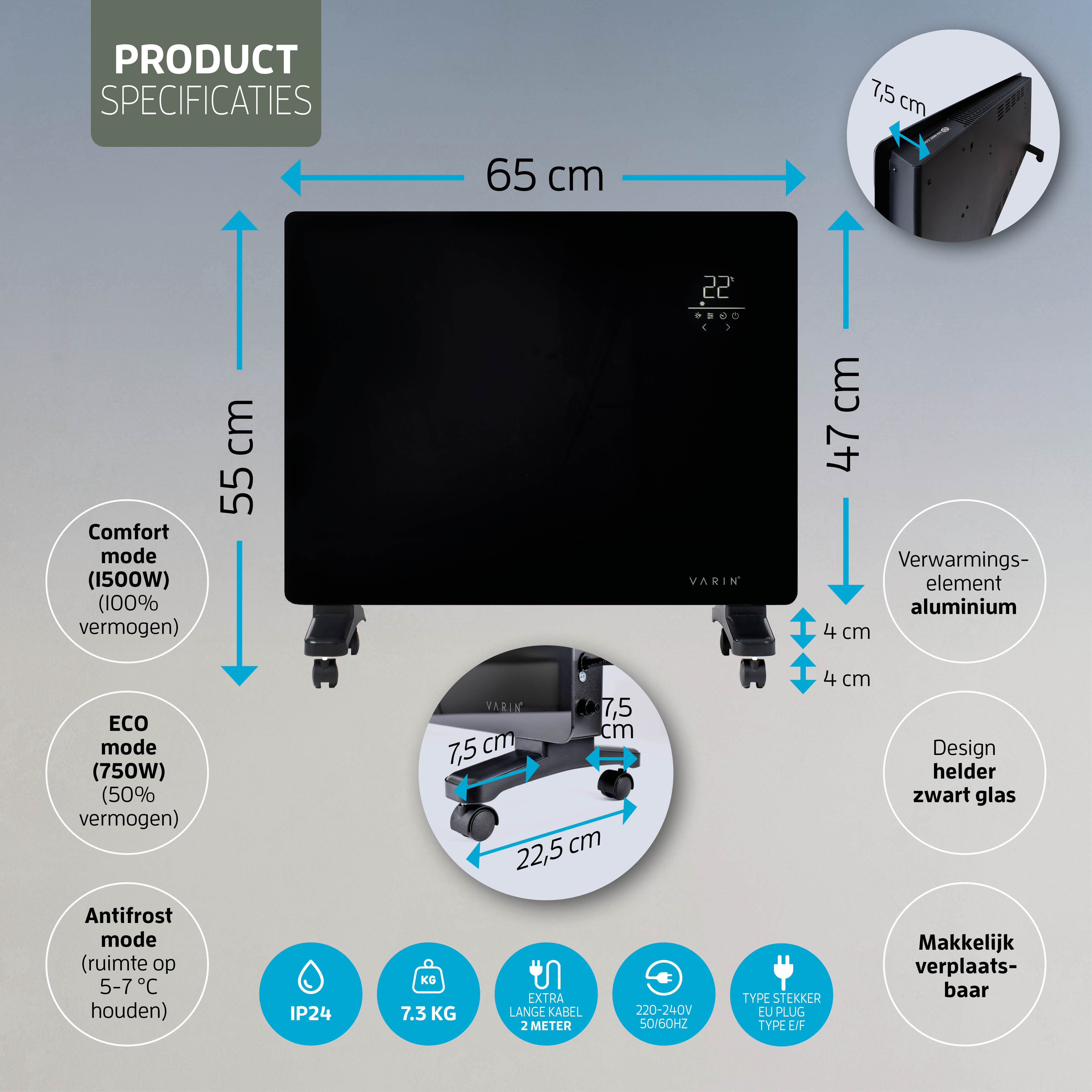 Varin® Smart Design Elektrische kachel - 1500W - 65x55cm - Zwart glas  - IP24 - Tuya Wifi