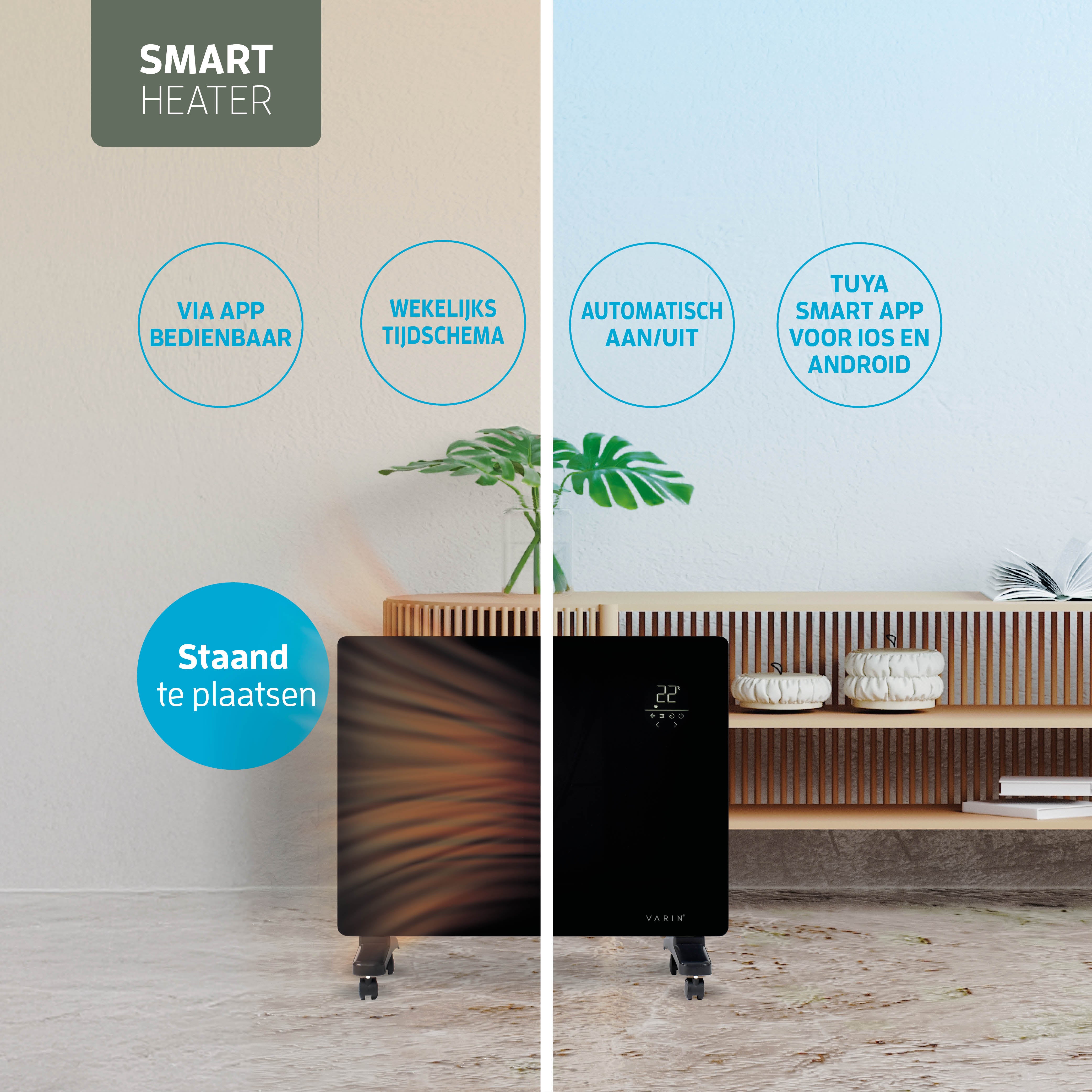 Varin® Smart Design Elektrische kachel - 1500W - 65x55cm - Zwart glas  - IP24 - Tuya Wifi