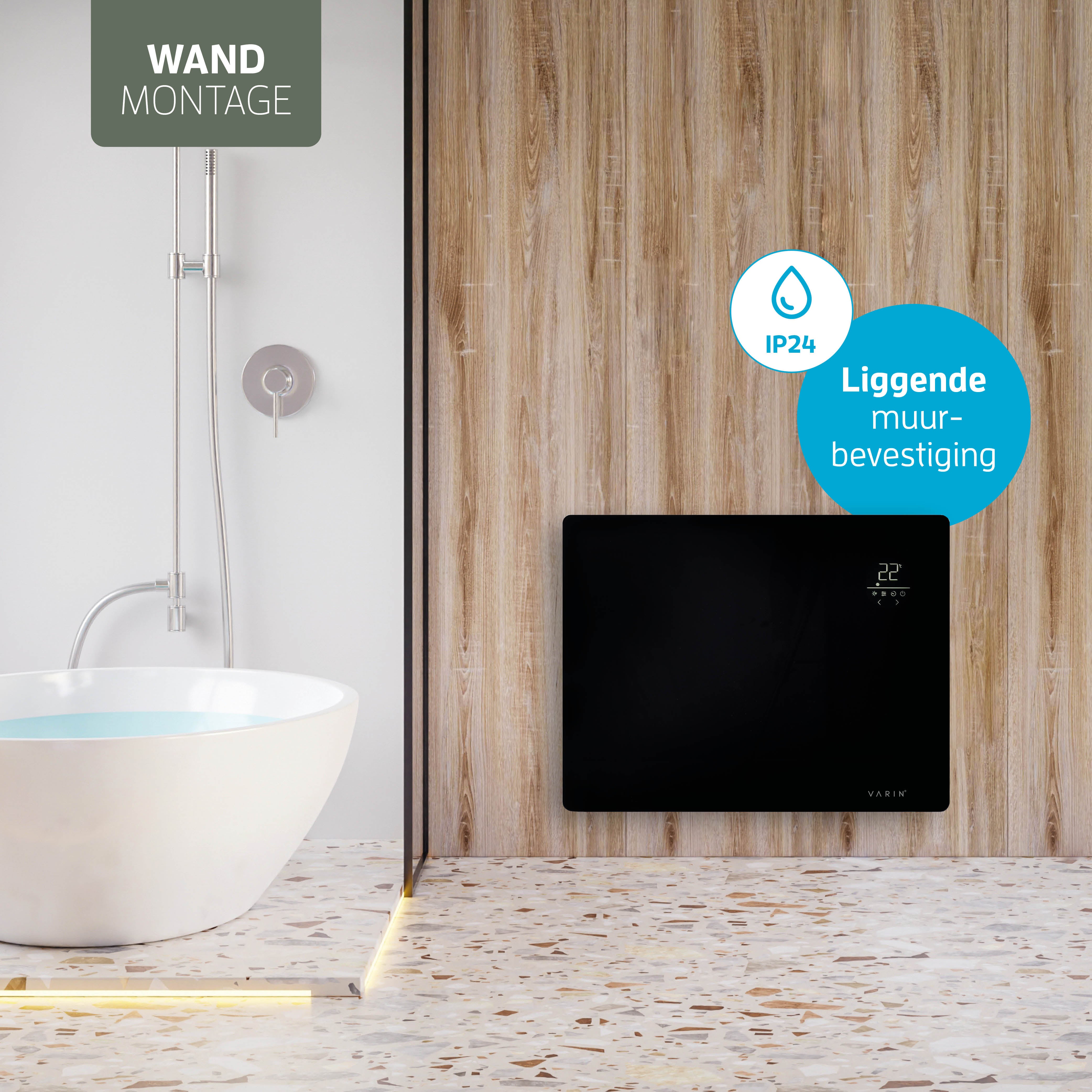 Varin® Smart Design Elektrische kachel - 1500W - 65x55cm - Zwart glas  - IP24 - Tuya Wifi