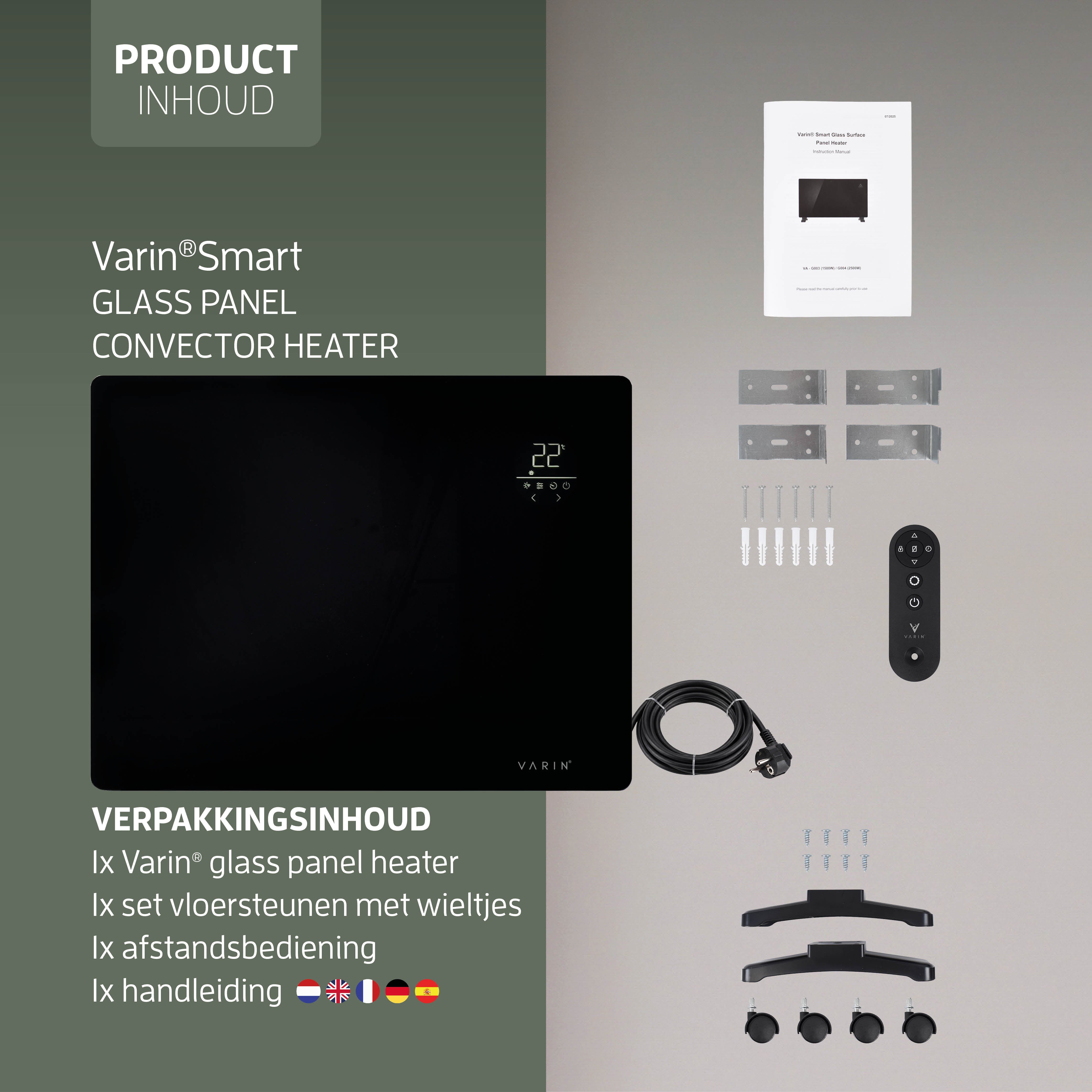Varin® Smart Design Elektrische kachel - 1500W - 65x55cm - Zwart glas  - IP24 - Tuya Wifi