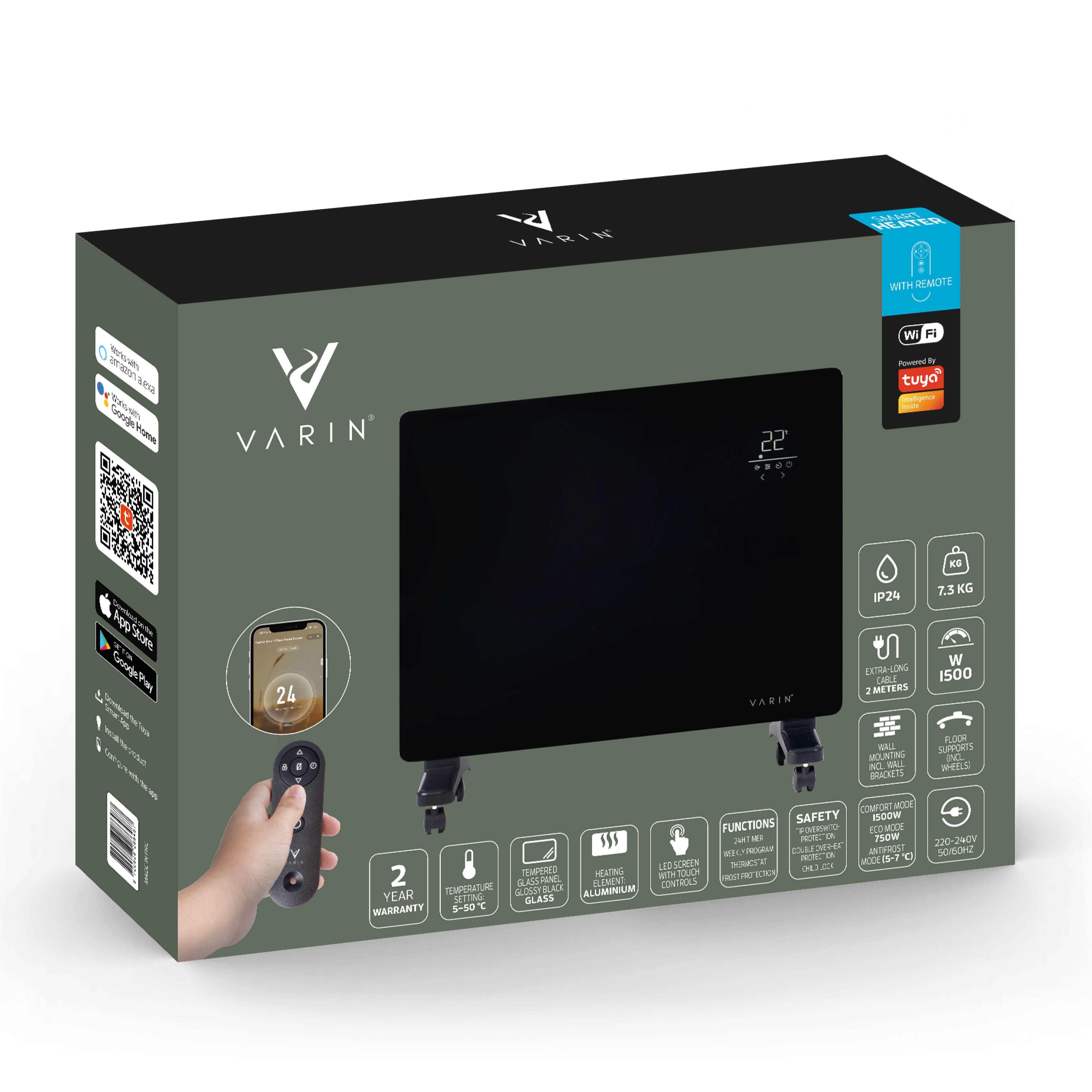 Varin® Smart Design Elektrische kachel - 1500W - 65x55cm - Zwart glas  - IP24 - Tuya Wifi
