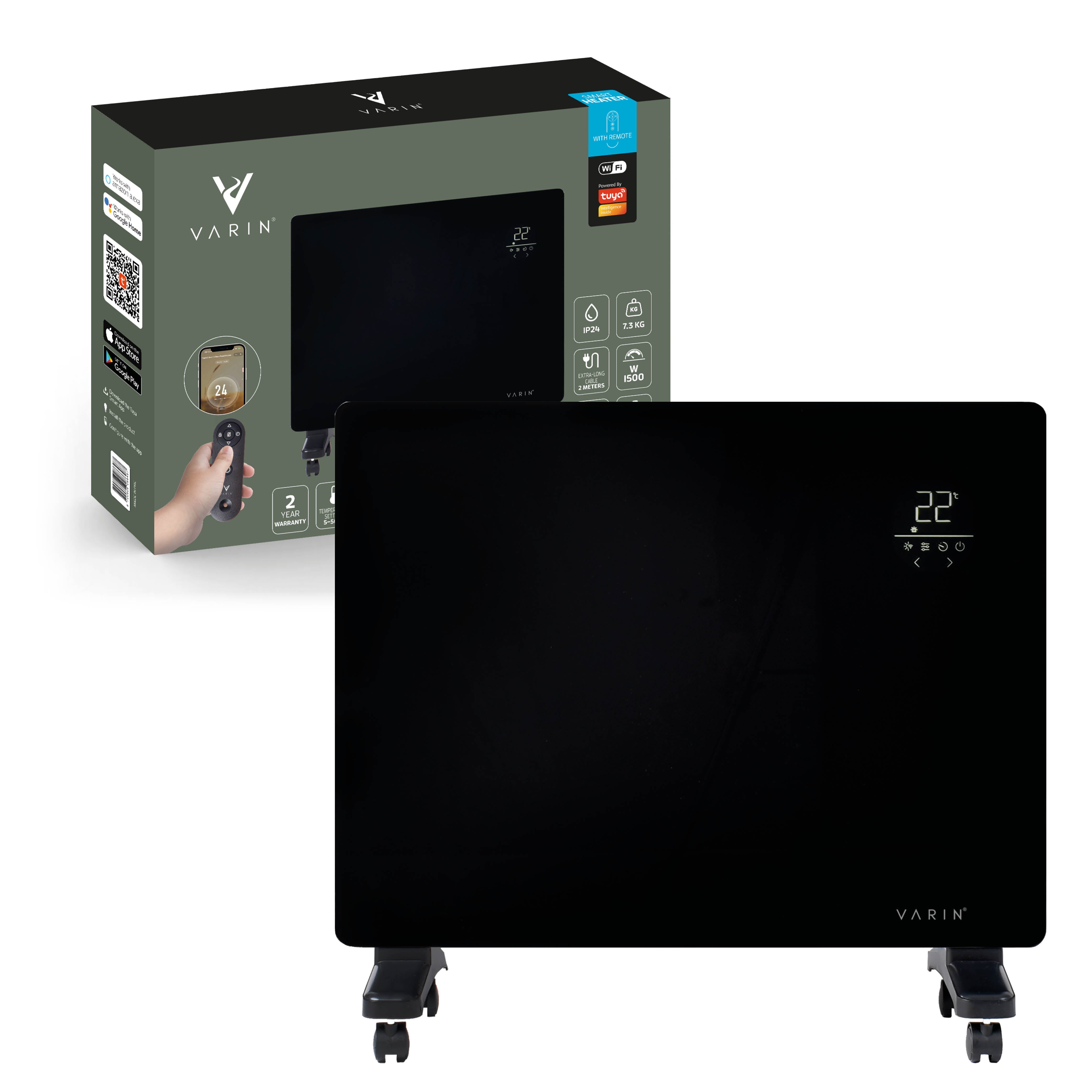 Varin® Smart Design Elektrische kachel - 1500W - 65x55cm - Zwart glas  - IP24 - Tuya Wifi
