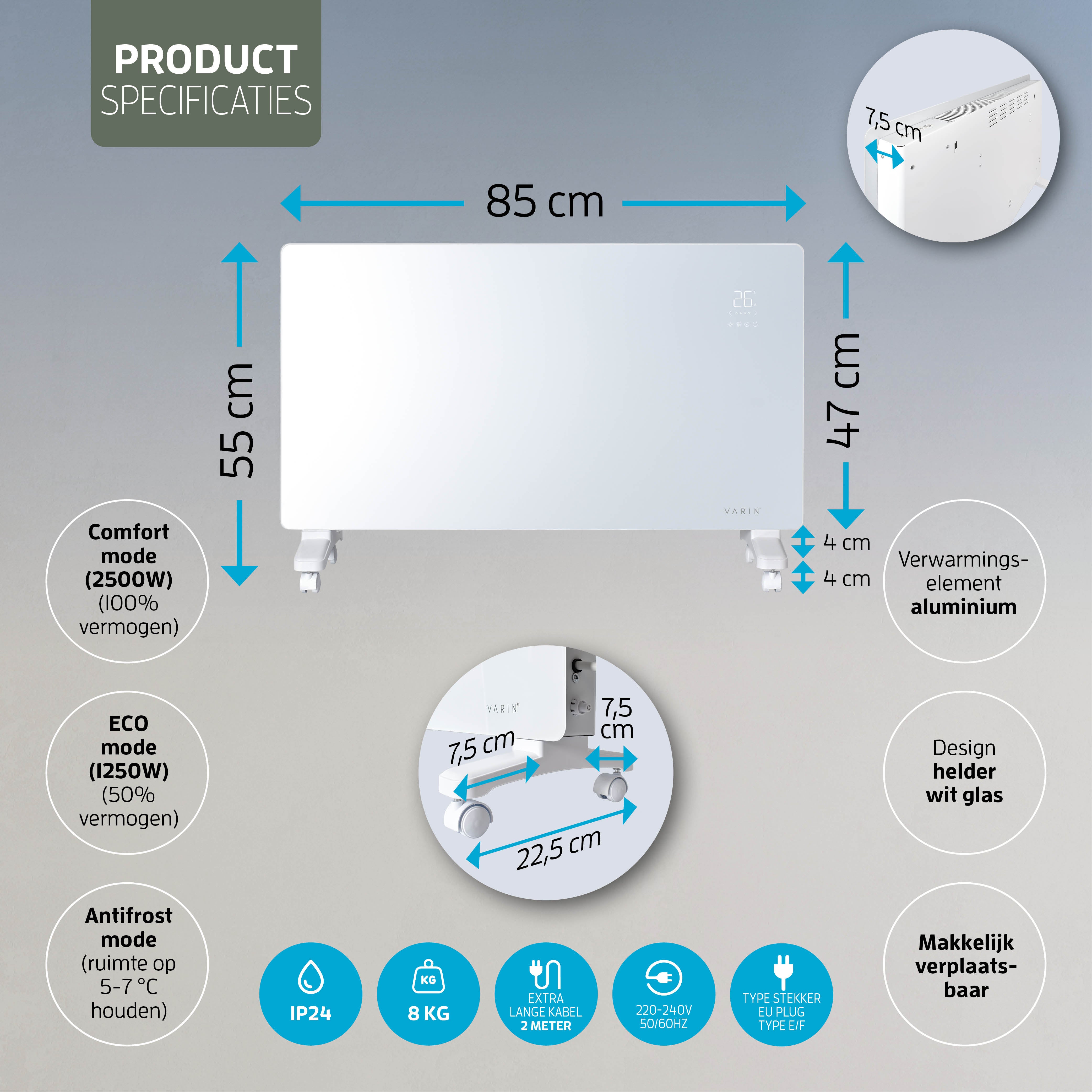 Varin® Smart Design Elektrische kachel - 2500W - 85x55cm - Wit glas  - IP24 - Tuya Wifi