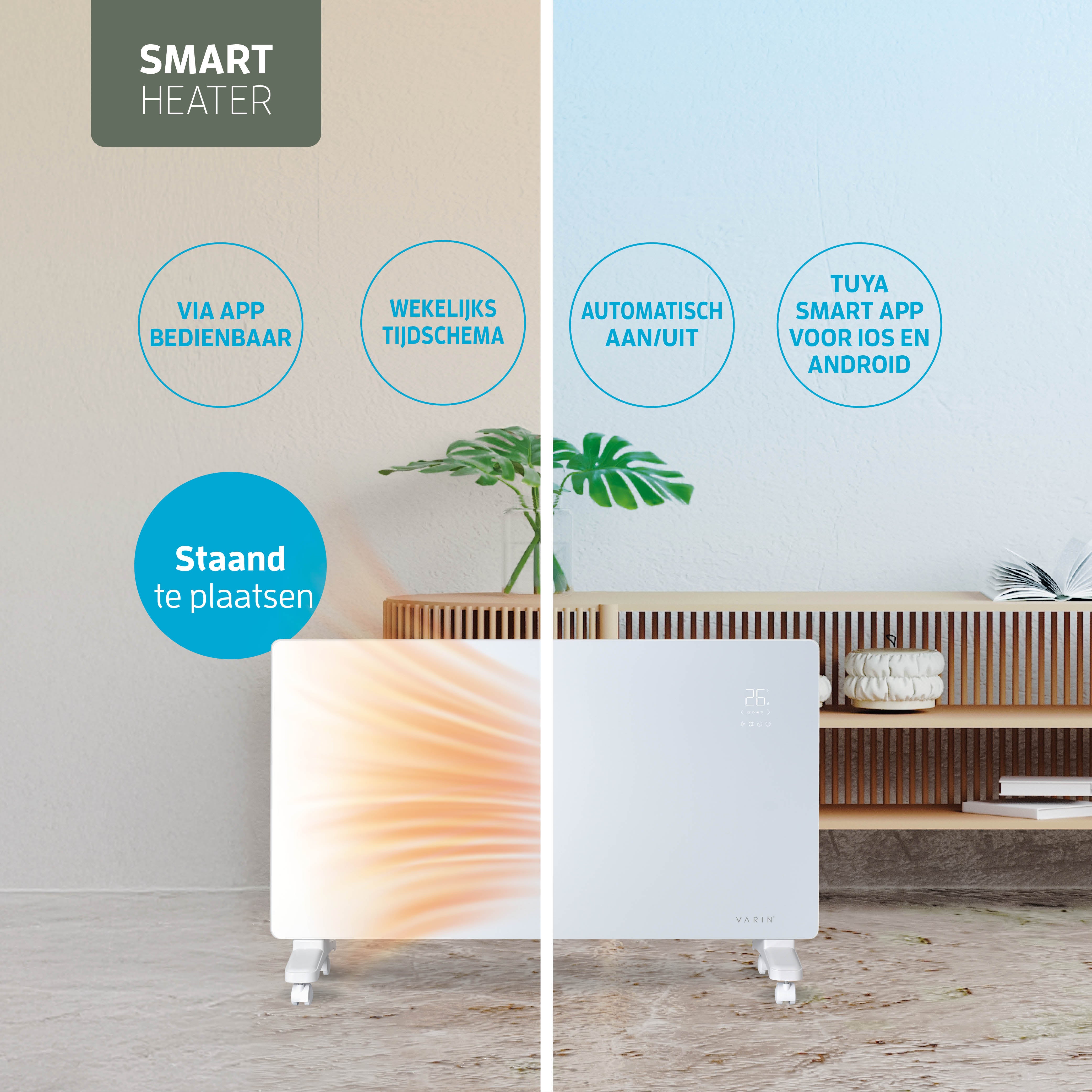 Varin® Smart Design Elektrische kachel - 2500W - 85x55cm - Wit glas  - IP24 - Tuya Wifi
