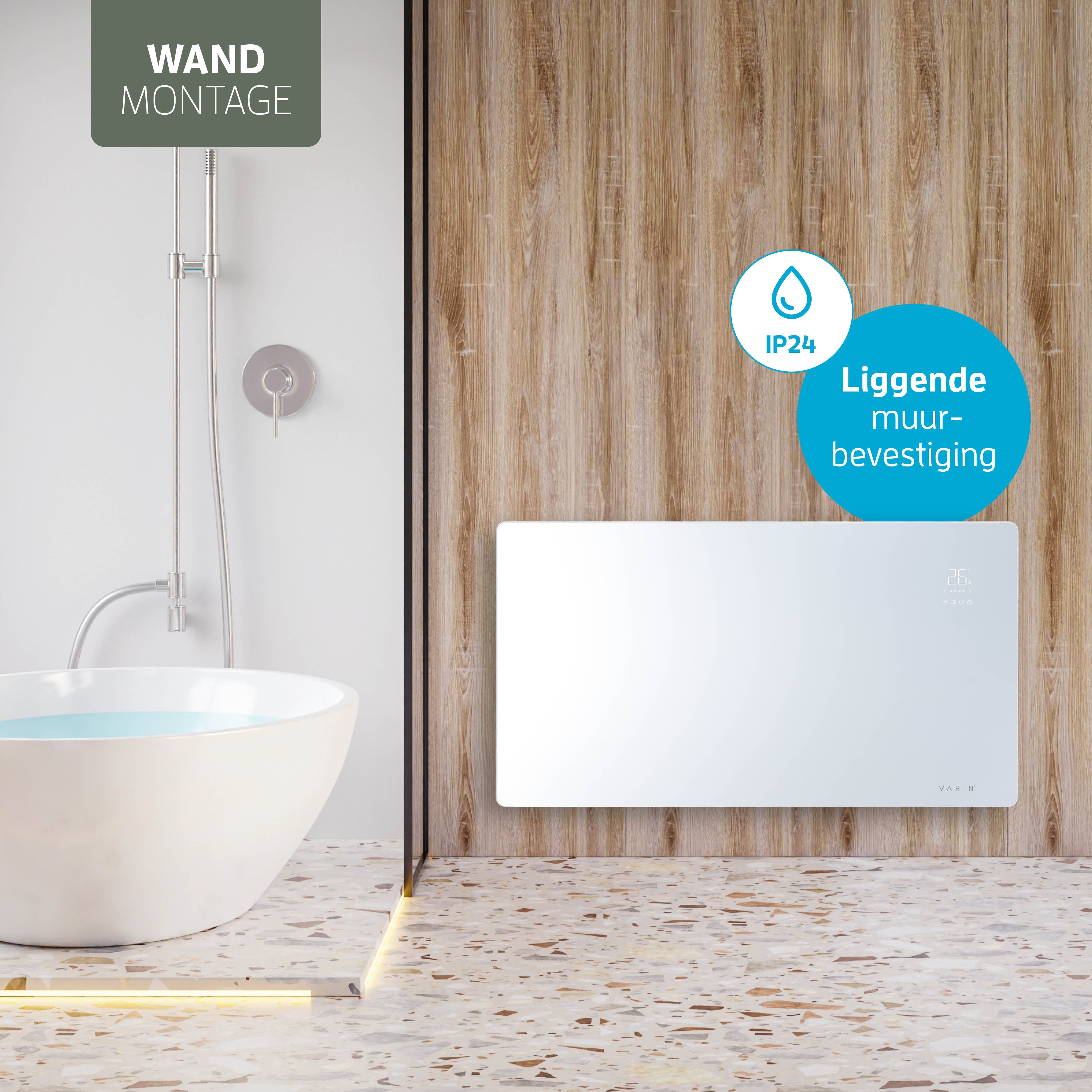 Varin® Smart Design Elektrische kachel - 2500W - 85x55cm - Wit glas  - IP24 - Tuya Wifi