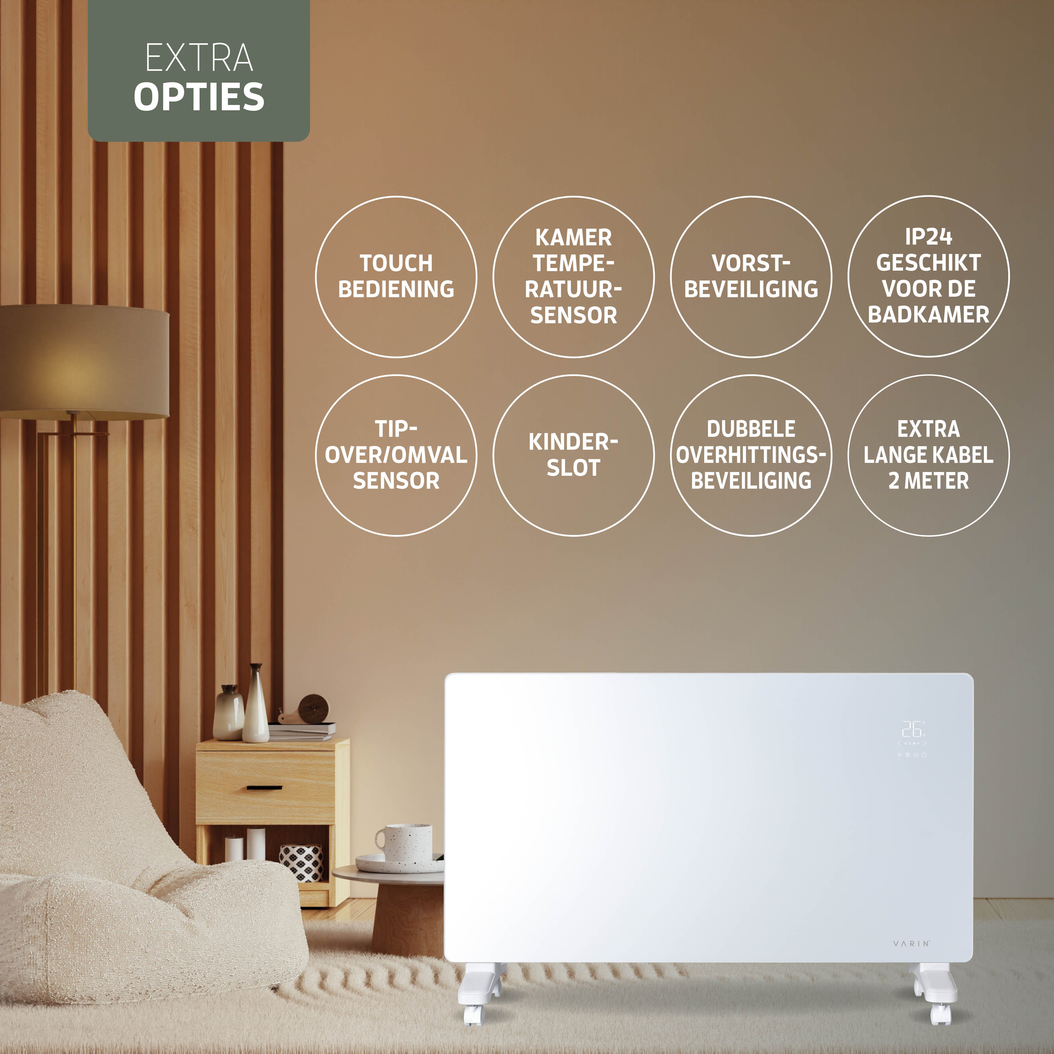Varin® Smart Design Elektrische kachel - 2500W - 85x55cm - Wit glas  - IP24 - Tuya Wifi