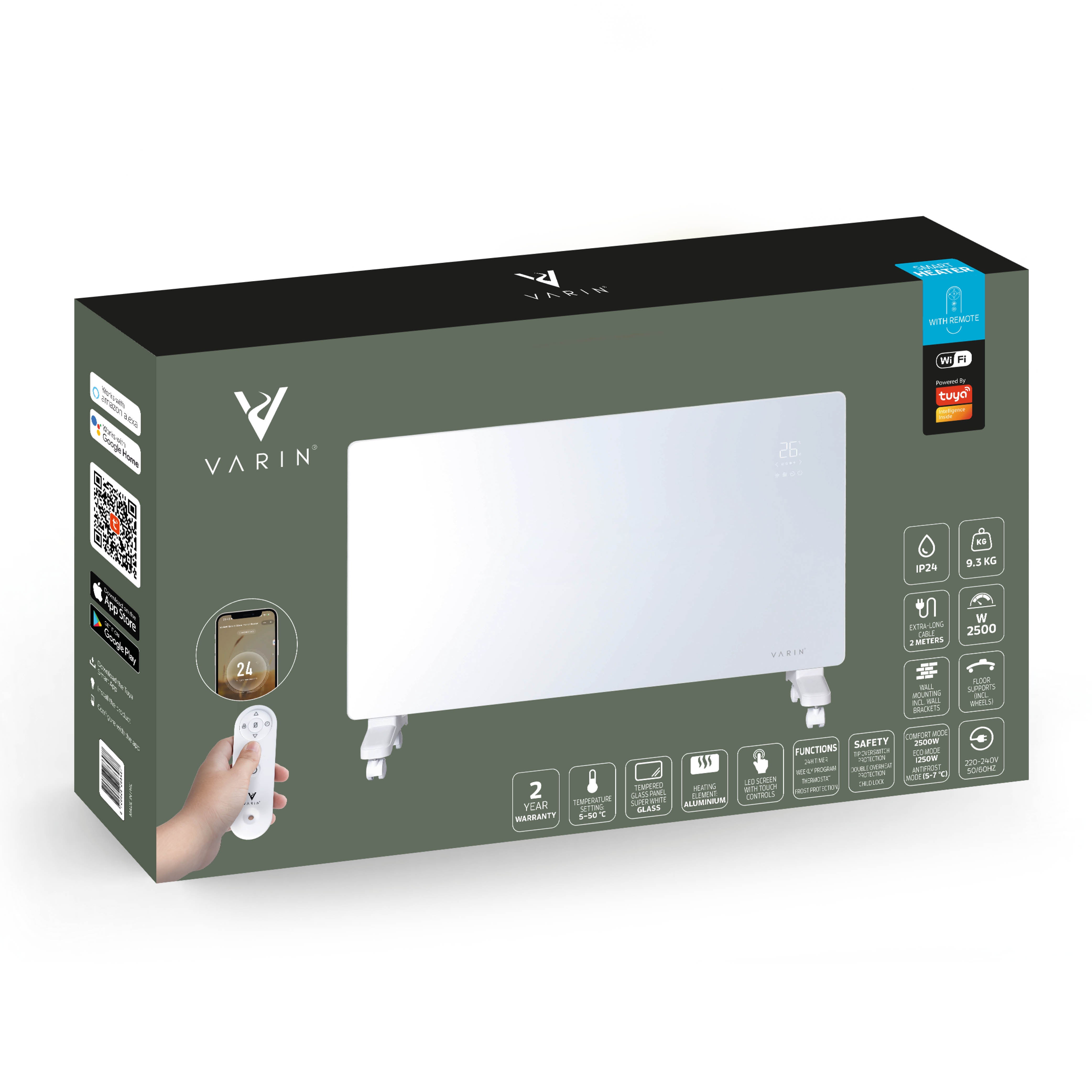Varin® Smart Design Elektrische kachel - 2500W - 85x55cm - Wit glas  - IP24 - Tuya Wifi