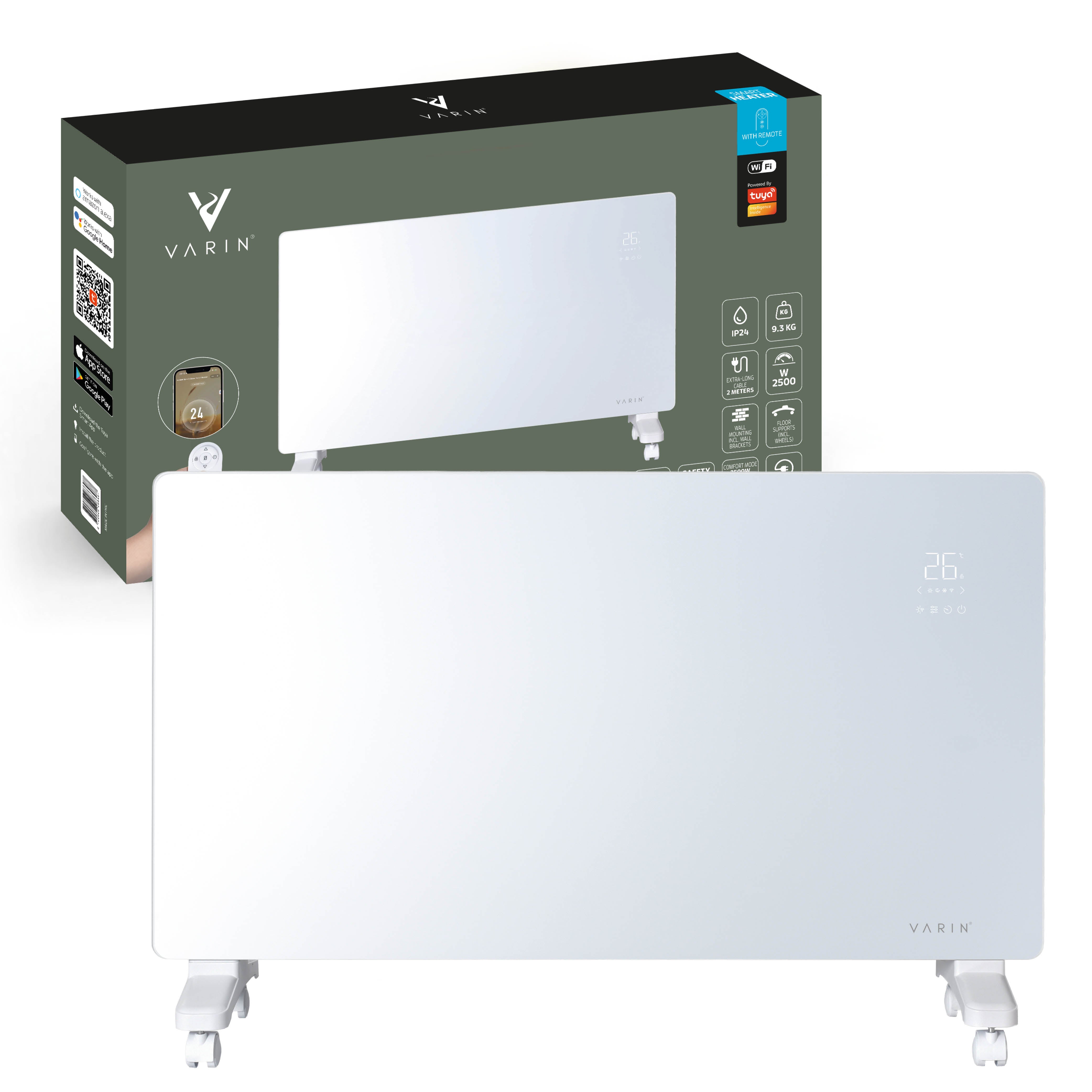Varin® Smart Design Elektrische kachel - 2500W - 85x55cm - Wit glas  - IP24 - Tuya Wifi