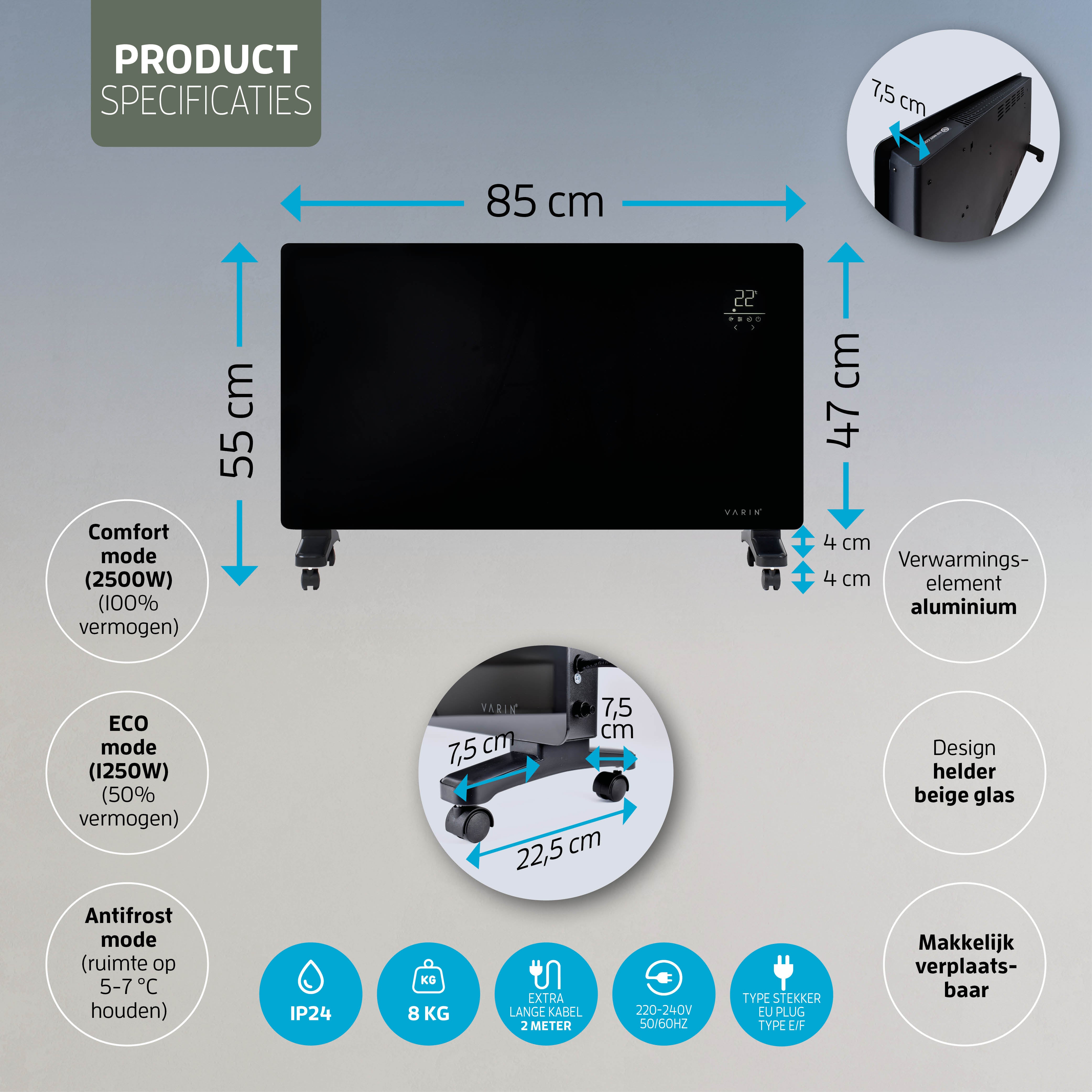 Varin® Smart Design Elektrische kachel - 2500W - 85x55cm - Zwart glas  - IP24 - Tuya Wifi