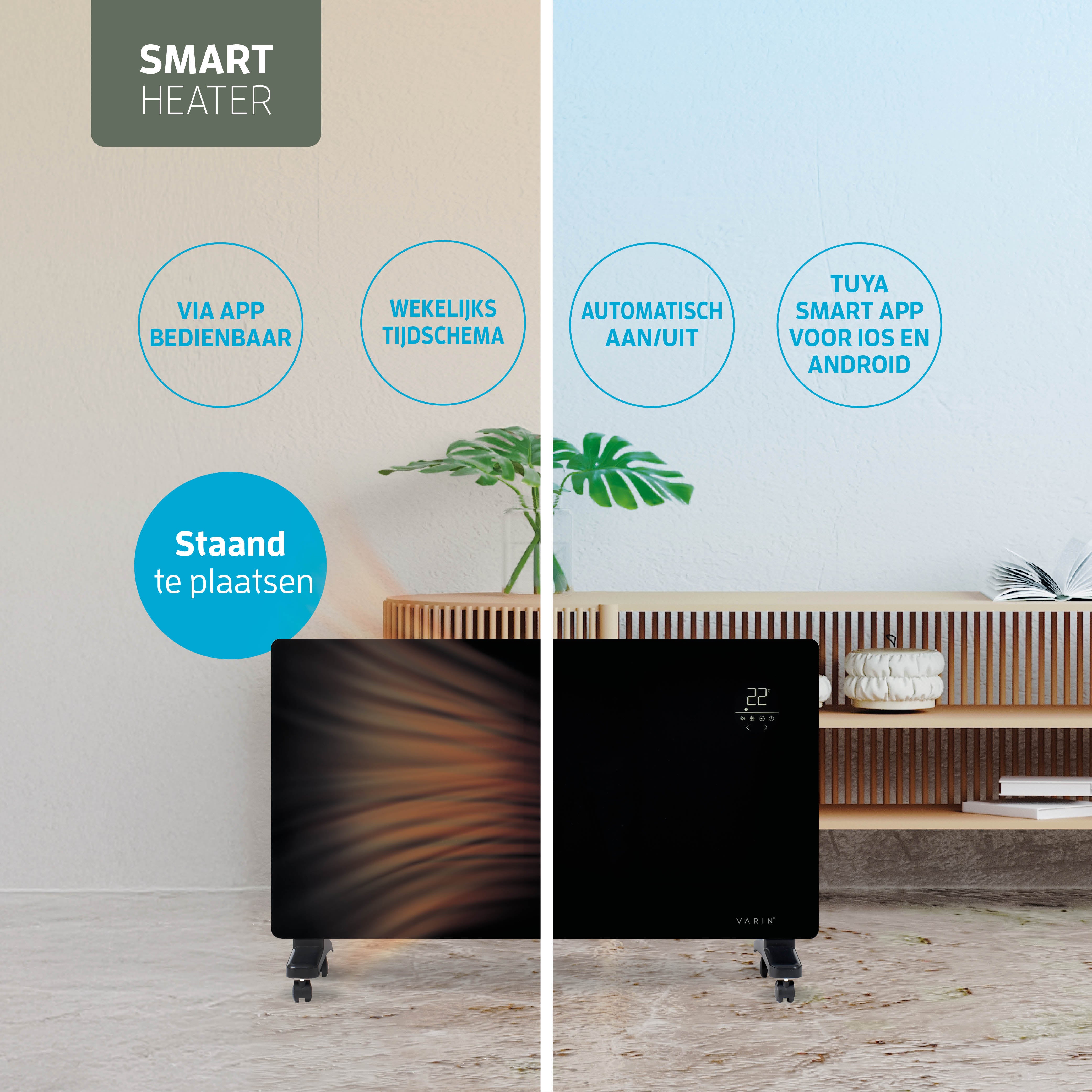 Varin® Smart Design Elektrische kachel - 2500W - 85x55cm - Zwart glas  - IP24 - Tuya Wifi