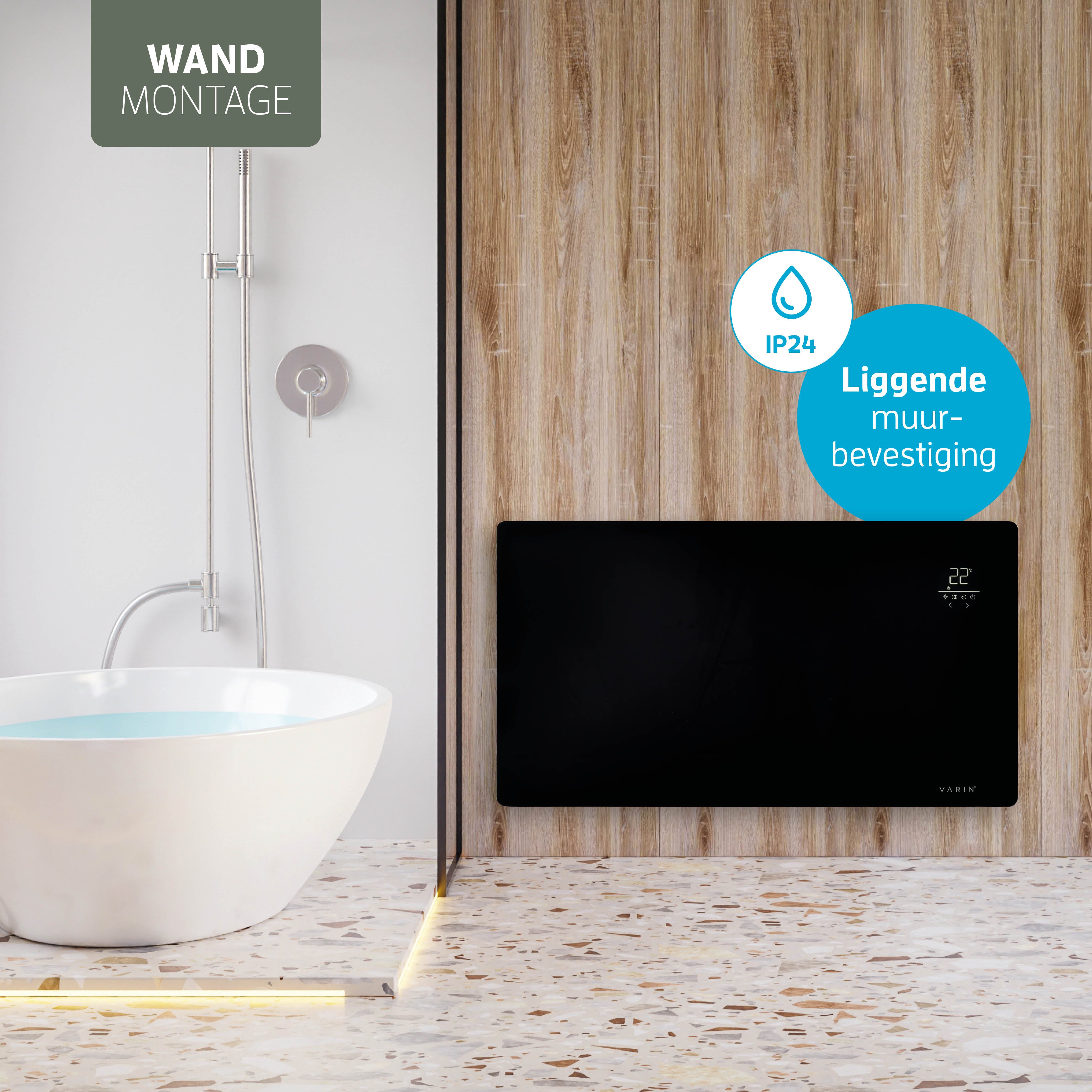 Varin® Smart Design Elektrische kachel - 2500W - 85x55cm - Zwart glas  - IP24 - Tuya Wifi