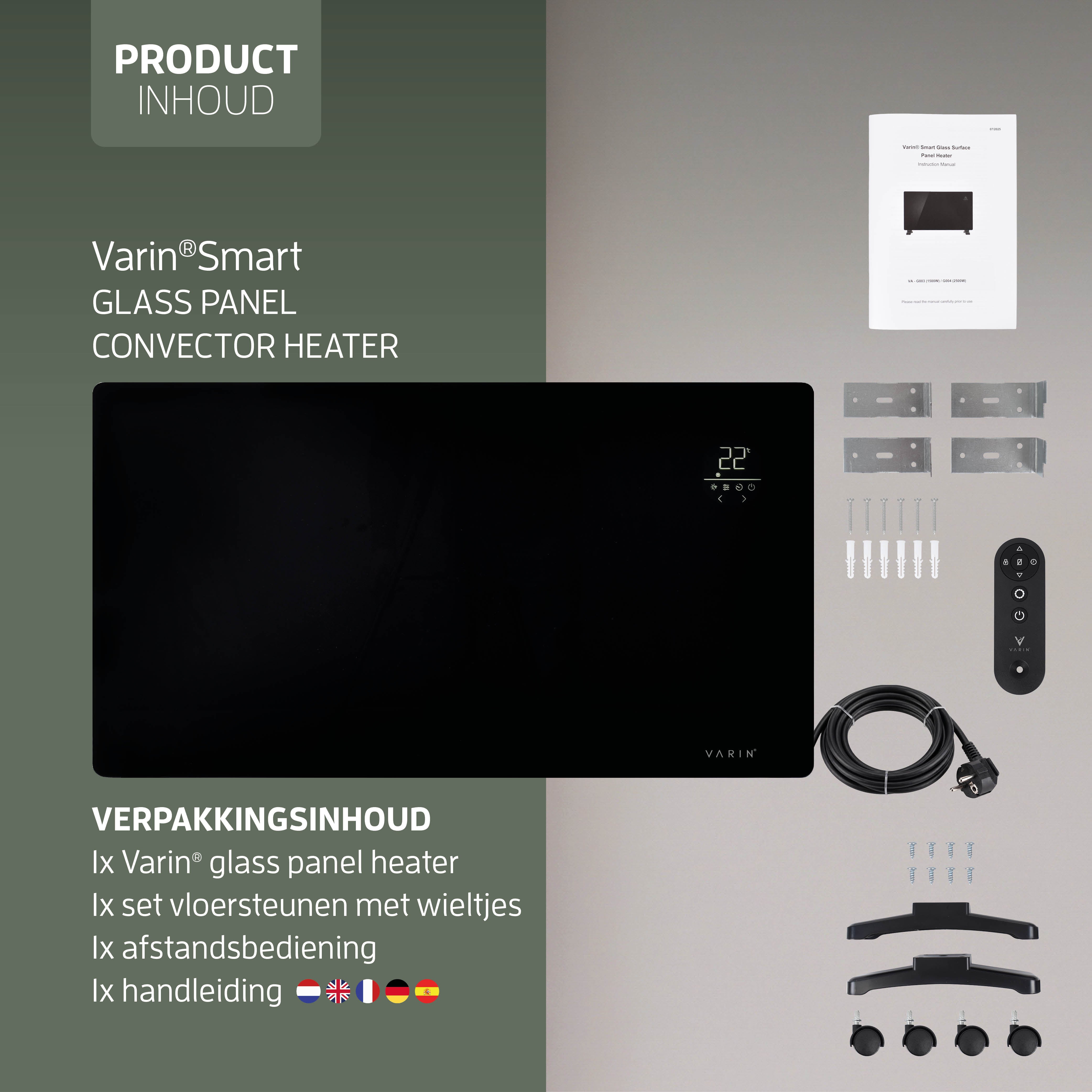 Varin® Smart Design Elektrische kachel - 2500W - 85x55cm - Zwart glas  - IP24 - Tuya Wifi
