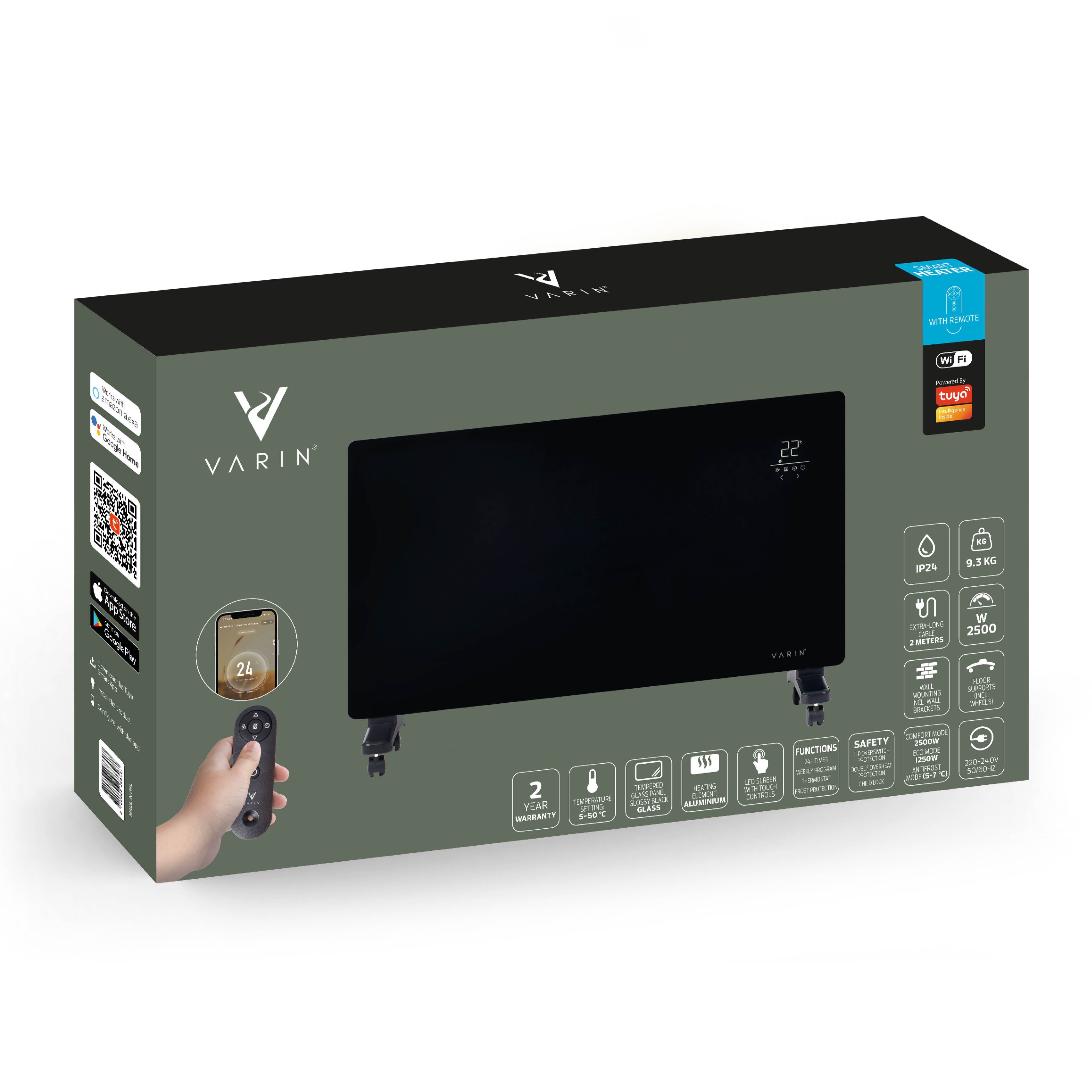 Varin® Smart Design Elektrische kachel - 2500W - 85x55cm - Zwart glas  - IP24 - Tuya Wifi